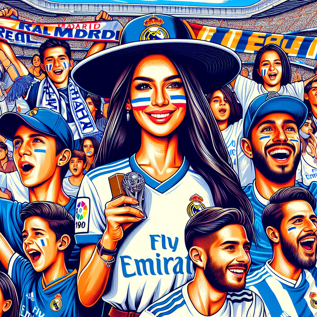 Must-Watch Styles: What to Wear to a Real Madrid Game A colourful image illustrating the must-watch styles for a football game at the Santiago Bernabéu Stadium, placing particular emphasis on Real Madrid theme. Include a collection of sports clothing including jerseys, scarves, hats and face paintings. Have a woman of Hispanic descent in the foreground wearing a blue and white striped jersey coupled with a scarf, and a man of Middle-Eastern descent holding up a cap with Real Madrid's emblem. A good mix of young and old fans, all cheering passionately for the game, to capture the wide appeal of football.