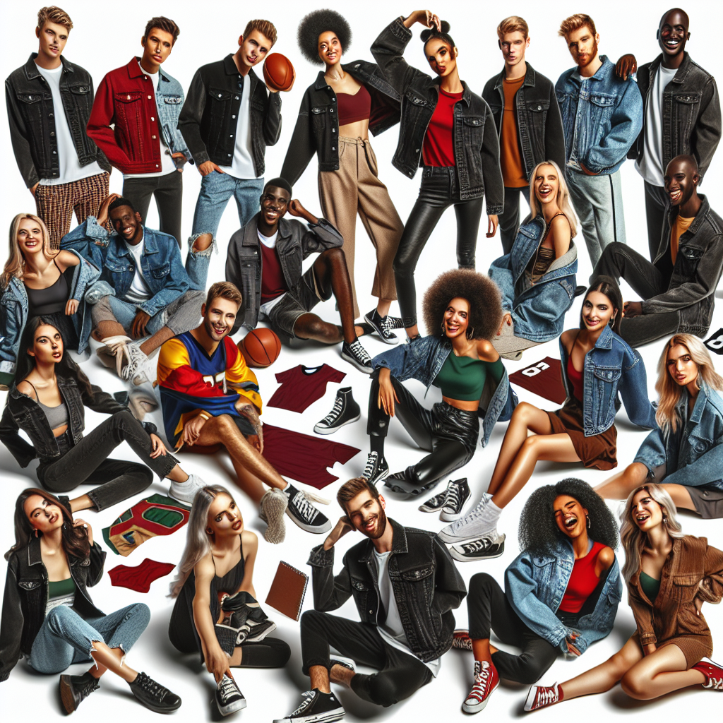 Stunning Outfits With Black Jean Jackets for Game Day Generate an image depicting a range of stunning outfits complemented by black jean jackets for game day. Show a diverse group of people of various descents such as Caucasian, Hispanic, Black, Middle-Eastern, and South Asian. The scene should provide a colorful array of casual, chic, and sporty styles all enhanced by the edginess of the black denim jackets. Depict everyone in an uplifting pre-game atmosphere, exchanging smiles and laughter, holding items related to the game. Remember to make these outfits suitable and fashionable for both male, female, and non-binary individuals.
