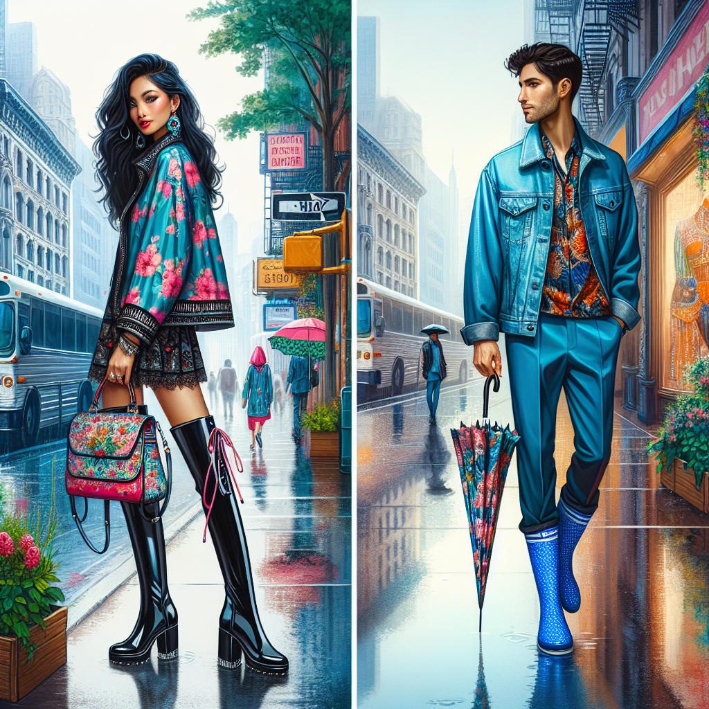 Stunning Summer Rain Outfits: Effortless Style Revealed Picture a lively city street during a summer rain shower. A South Asian woman in an effortlessly stylish outfit is walking near the colorful storefronts. She is decking a floral raincoat, paired with matching knee-high rain boots. Her outfit is completed with a vibrant waterproof handbag over her shoulder. Further down the road, a Hispanic man styled in a denim blue rain jacket, black waterproof trousers, and matching blue boots is waiting for the bus. He carries a patterned umbrella that complements his outfit. The city reflects the life and colors even amidst the rain, suggesting the vibrant pulse of fashion in everyday life.