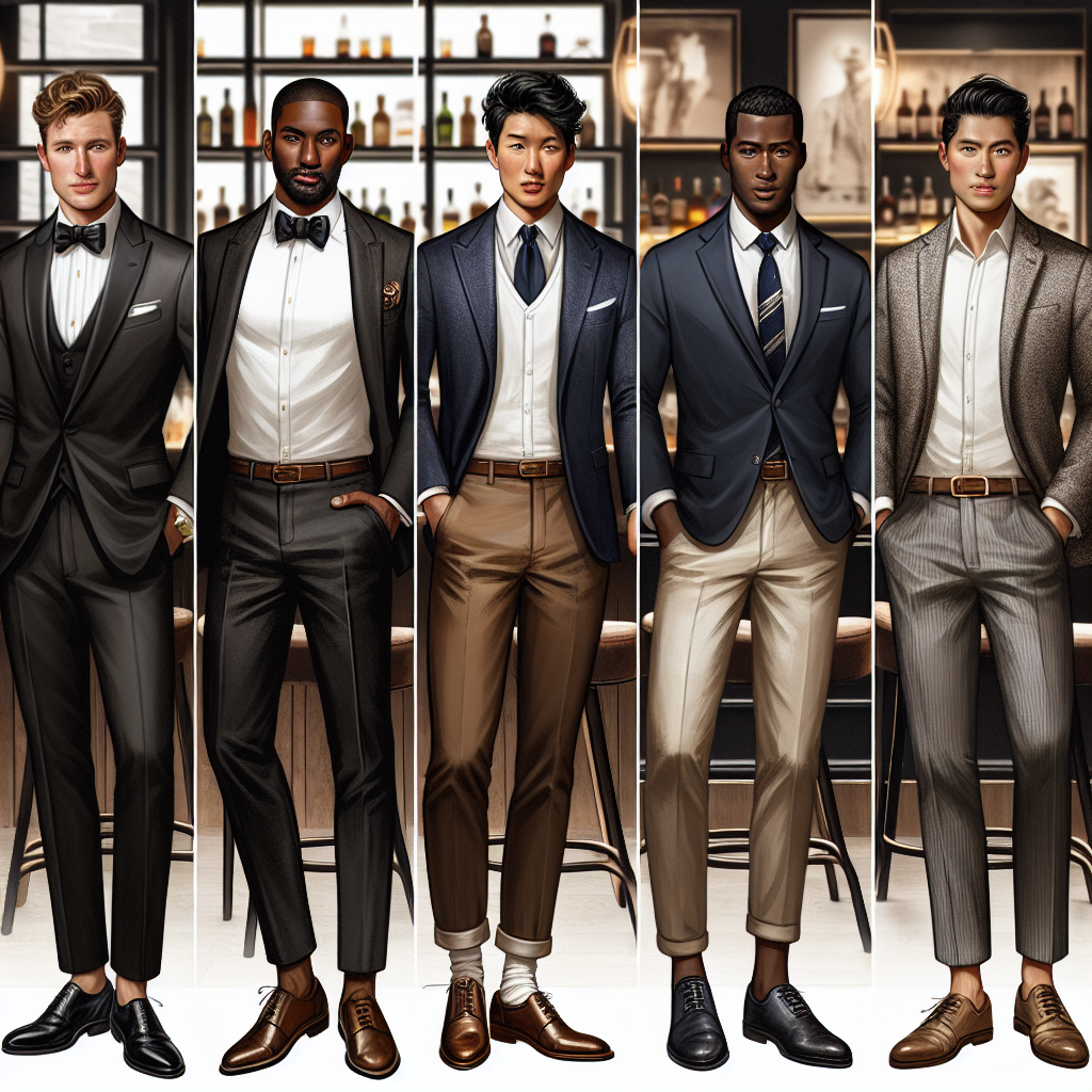 Steakhouse Style Guide: Discover Must-Have Looks for Men A comprehensive visual style guide for men who are frequent visitors to a steakhouse. The image showcases different classy and suave outfits: a white caucasian man in a sleek black tuxedo and a polished pair of leather shoes, a dark-skinned black man in a dapper navy blue blazer and khaki trousers, an Asian man enrobed in a casual denim jacket, white shirt, and dark jeans, a Hispanic man in a charcoal grey suit with a satin tie, and a Middle-Eastern man featured in a classy, stripped button-down shirt and light brown chinos. All the men are set against the backdrop of a sophisticated steakhouse interior.