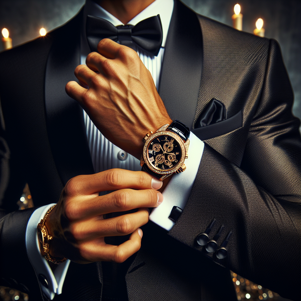Luxury Watches: Must-Have Styles for Your Tuxedo Illustrate the elegance of an evening scene where a man flaunts his luxury timepiece complementing his polished tuxedo. The man, of South Asian descent, is captured in the middle of adjusting his black heirloom watch showing off the intricate details well-crafted by skilled artisans. Finely crafted from gold and encrusted with small diamonds, its radiance is splendidly reflected under the soft light. The intricate watchface shows Roman numerals, adding a touch of classic style. The man's tuxedo is perfectly aligned with his sense of style, deep black with satin-finished lapels. Tie the scene together with a background hinting at a high-end gala event.