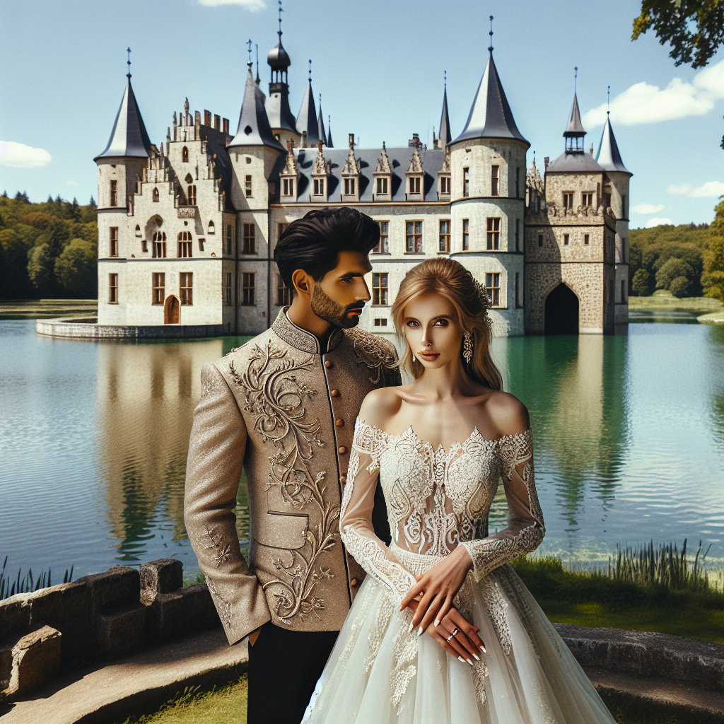 A scenic view of a beautiful stone castle in the European countryside, built around a picturesque lake, provides the backdrop. In the foreground, a South Asian groom, donned in an elegant Sherwani, stands beside a Caucasian bride wearing a classic white wedding dress with lace detailing. They are both looking at each other, their faces showcasing the joy and excitement of their special day. Renaissance-inspired details are intertwined with their outfits to complement the castle's medieval architecture. The weather is bright and sunny, creating a romantic and fairy tale-like atmosphere.