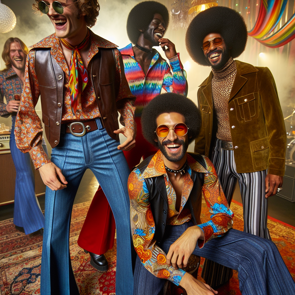 Must-Have Outfits for a 70s Male Party! Imagine a lively party scene focused on vintage 70s fashion for men. This includes iconic items such as bell-bottom trousers, vibrant psychedelic printed shirts, and chunky platform shoes. In the scene, have a Caucasian man sporting a leather vest over a colourful tie-dye shirt with bell-bottom jeans. Next to him, a Black man twists with wide-collared, patterned polyester shirt and oversized sunglasses. A Middle Eastern man in the background laughs in his suede jacket with a turtleneck shirt. All are wearing their hair in typical 70s styles like the shag or afro. Include festive party elements in the background.