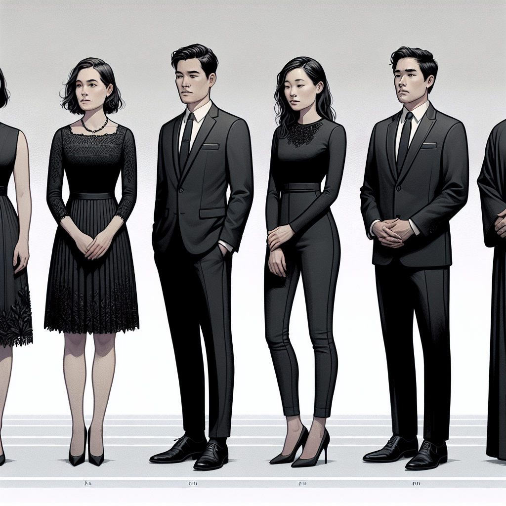Stunning Guide: What to Wear to a Young Person's Funeral A visually appealing and informative illustration that depicts a sartorial guide for an unfortunate occasion. The image includes an array of respectful and somber clothing options suitable for different types of weather and all genders. It showcases a Caucasian woman in a knee-length black dress, a Hispanic man wearing a black suit, tie, and mourning band, an Asian woman in a black pantsuit, and a Middle Eastern man in a traditional black thobe. All figures are positioned against a serene backdrop with soft grey tones. Their expressions reflect a mix of sympathy, empathy, and respect, demonstrating the gravity and seriousness of a young person's funeral.