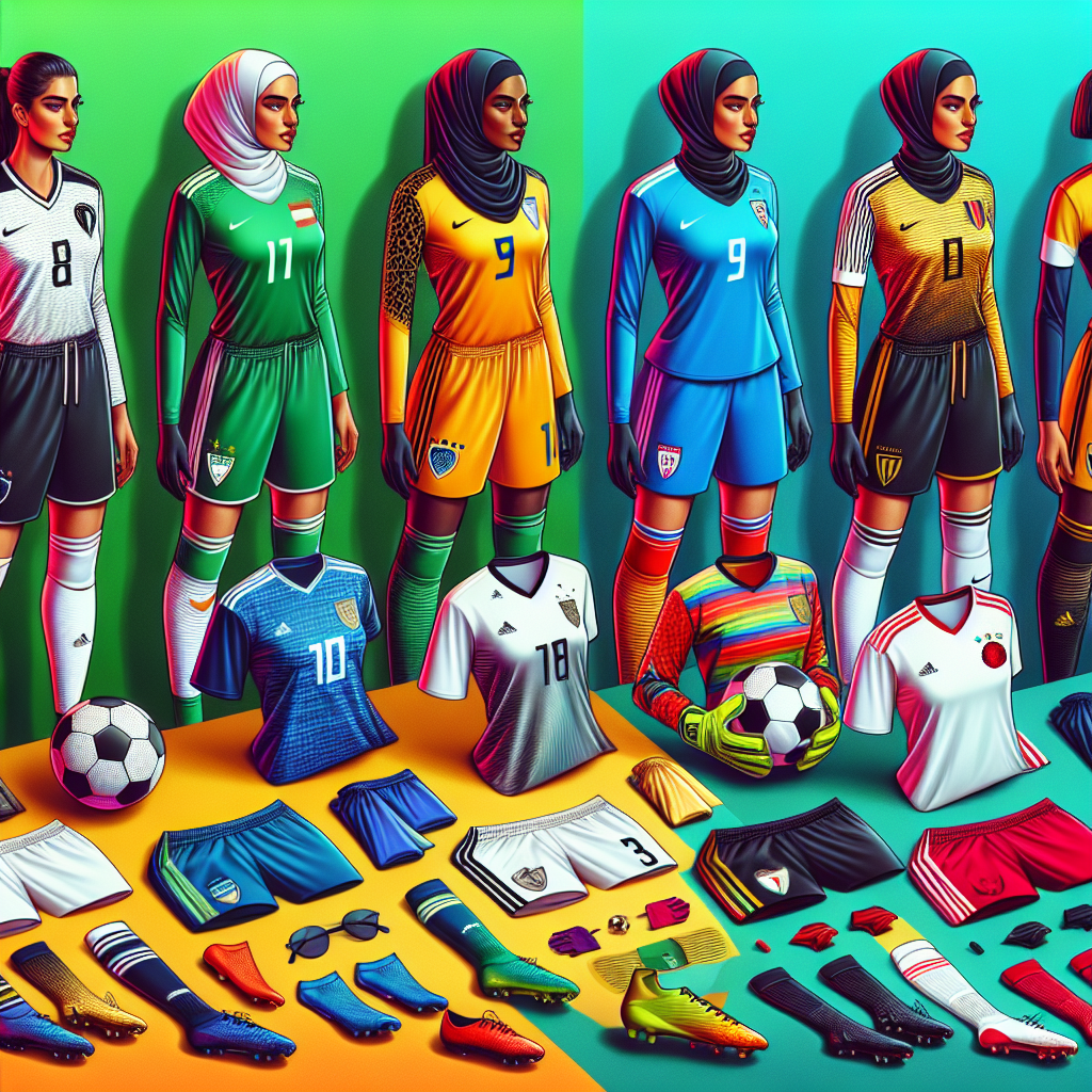 An array of iconic women's football outfits laid out against a vibrant backdrop. The collection should include a variety of styles from classic to modern. It shall encompass jerseys, shorts, socks, shoes, goalie gloves and headbands. The outfits should be vibrant and attractive, showcasing different color schemes and patterns from diverse teams around the world. Represent players from different descents: a Middle-Eastern woman with a hijab integrated into her outfit, a black woman with a super stylish afro-centric design and a Caucasian woman with a modern sportswear design. Each outfit should clearly represent a professional player, implying highest quality sports attire.