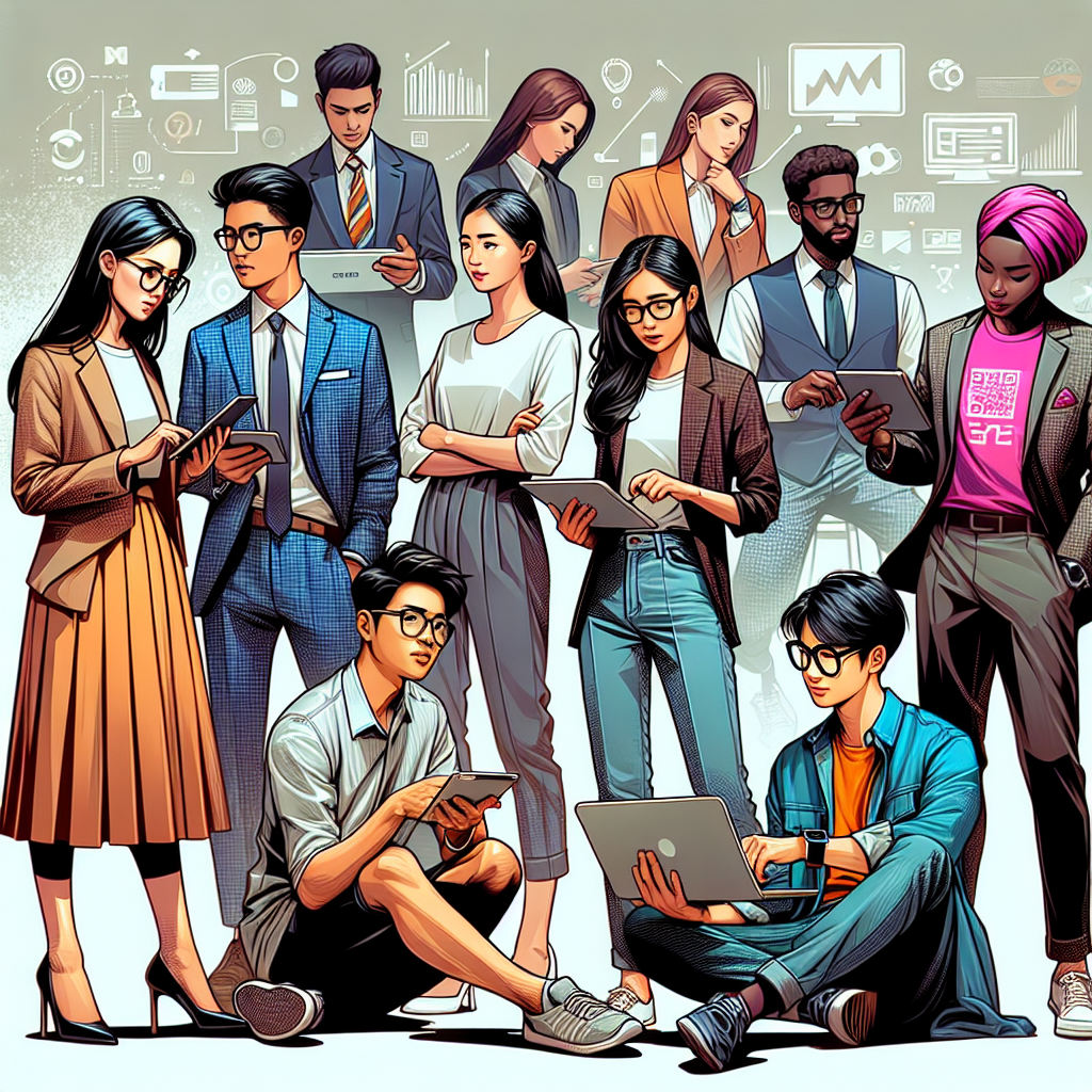 Illustrate a scene encompassing a tech conference style. Organize the image to showcase various professional attire in a tech-focused environment. In the foreground, portray a South Asian woman dressed in smart formal wear, holding a tablet and an East Asian man with stylish casual attire fixing a smartwatch. In the background, picture a Middle-Eastern woman with trendy glasses working on a laptop, while a Caucasian man wearing a vibrant t-shirt with a popular tech logo is engaged in a conversation with a Black man in a slick suit. Also, include some tech-inspired accessories and gadgets being commonly used during the conference. Don't forget to cover the diversity and inclusion in the tech industry.