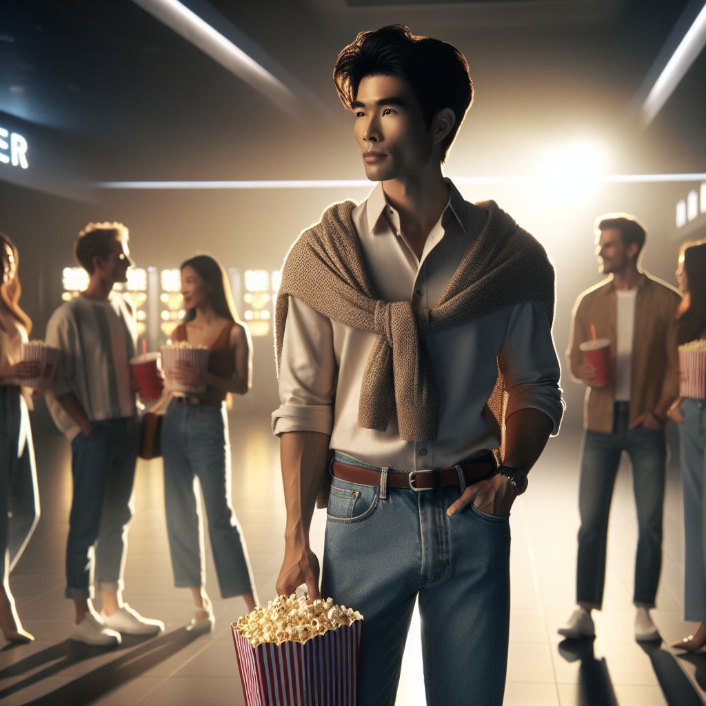 What to Wear on a Movie Date Men: Effortless Guide Create a visually appealing image for an article about men's movie date attire. The setting is a cinema foyer with softly glowing lights. The primary figure is an East Asian man in a refined casual outfit, combining a button-down shirt, jeans, and a sweater tied around the waist. He carries a tub of popcorn in one hand and a soft drink in the other. A group of friendly people from various descents is seen mingling in the background, also dressed in relaxed casuals. Accentuate the atmosphere of anticipation and excitement of the evening.