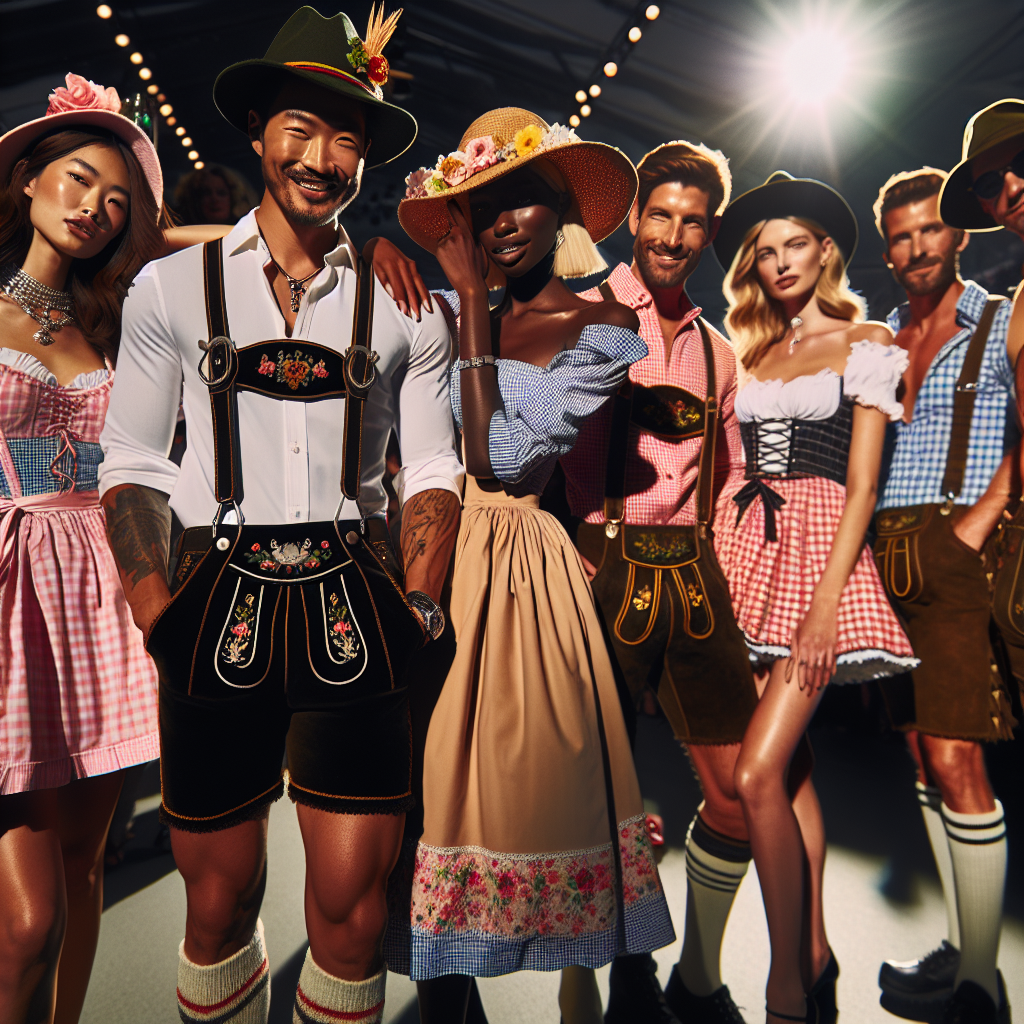 Stunning Summer Styles: What to Wear to a German Festival Explore the vivid visual interpretation of an outdoor German festival in summer. The scene unfolds with multiple individuals of various descents and genders showcasing their stylish outfits. The spotlight falls on a South-Asian man boasting a Bavarian hat, combined with a modern twist to the traditional lederhosen. On the other side, a black woman adorns herself in a chic dirndl dress, paired with playful accessories that subtly hint at the warm time of year. Caucasian and Hispanic festival-goers add more flavor to the scene, rocking their renditions of traditional and contemporary German summer styles.