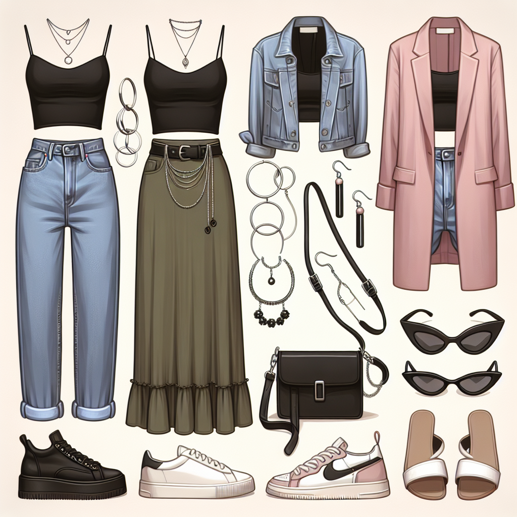 Match Your Black Tank Top: Effortless, Stylish Choices Display an array of fashion-forward choices to pair with a black tank top. Ensure the choices are effortlessly stylish, creative, and versatile. Demonstrate a high-waisted blue denim jeans with silver hoops, an olive green maxi skirt with black strappy sandals, a pastel pink blazer, white sneakers, and accessories like chunky necklaces, oversized sunglasses, and a black leather handbag. Create an image that showcases a Caucasian woman in the black tank top matched with the jeans, a Hispanic woman paired with the maxi skirt, and a Black woman sporting the pastel pink blazer.