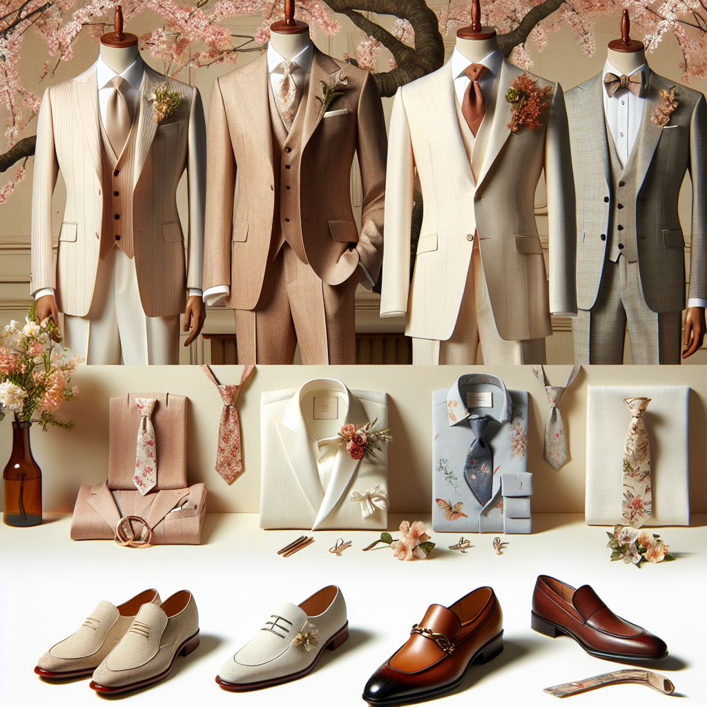 Spring Wedding Styles: Must-Have Men's Outfits! An elegant image featuring a collection of must-have men's outfits for a spring wedding. The outfits on display should range from formal tuxedos in light and pastel colours, perfect for a daytime ceremony, to more casual linen suits for beach weddings. Show a variety of fashionable accessories as well, like silk ties with floral prints, leather loafers, and boutonnières made of spring blooms. Also, include in the background a softly lit, romantic setting with cherry blossom trees in full bloom, adding to an overall ambience of a spring wedding.