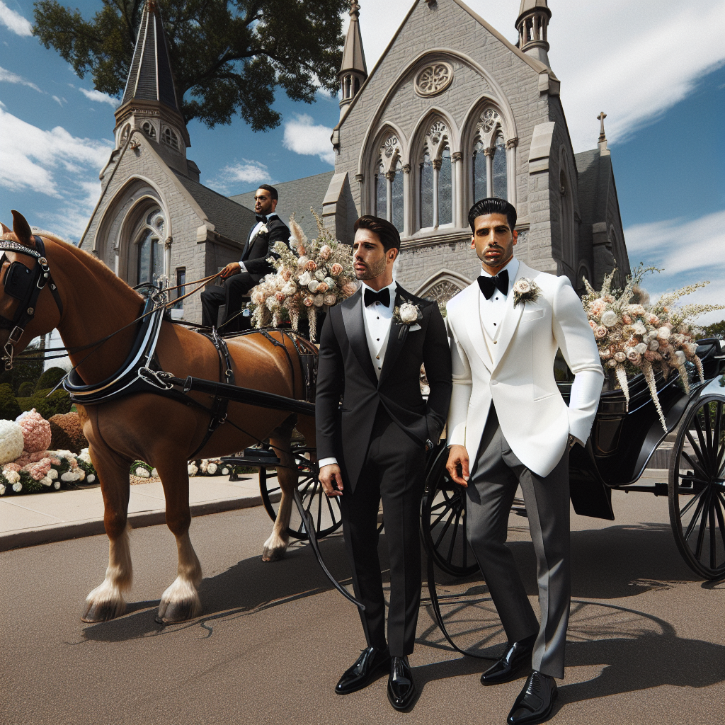 An elegant horse-drawn carriage under a clear sky. The carriage driver is a Middle-Eastern man, dressed impeccably in a traditional suit, displaying wedding elegance. Next to him, a Hispanic man in groom attire radiates effortless elegance. He is adorned in a bespoke white tail tuxedo finished with a bow tie, matching pocket square, and polished black shoes. They are parked outside a beautiful Victorian architecture church. A multitude of flowers in blush and cream hues decorates the area creating a picture-perfect wedding scene.
