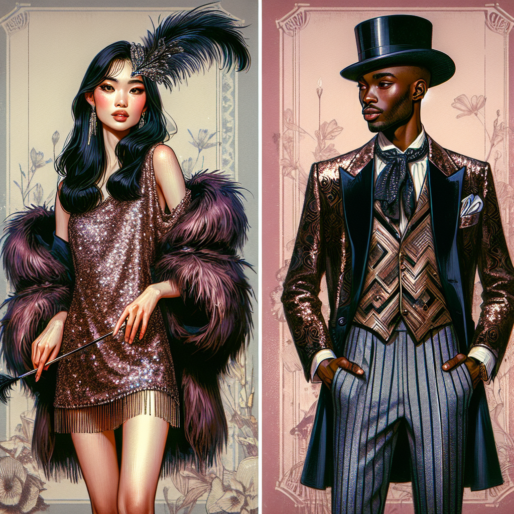 What to Wear to a Burlesque Show: Stunning & Chic Choices Imagine an artistic interpretation of a fantastic display of stunning and chic clothing choices appropriate for a burlesque show. The image features two individuals, both ready for an evening of fun and elegance. On the left, an East Asian woman is dressed in a sparkly sequin dress, paired with comfortable high heels and a feathered headpiece, her eyes gleaming with excitement. On the right, a Black man, bestows a stylish three-piece suit with hints of vintage taste, made of velvet fabric with bold geometric prints, and a cravat, topped with a top hat. Both emanate confidence, style, and a love for the theatrical.