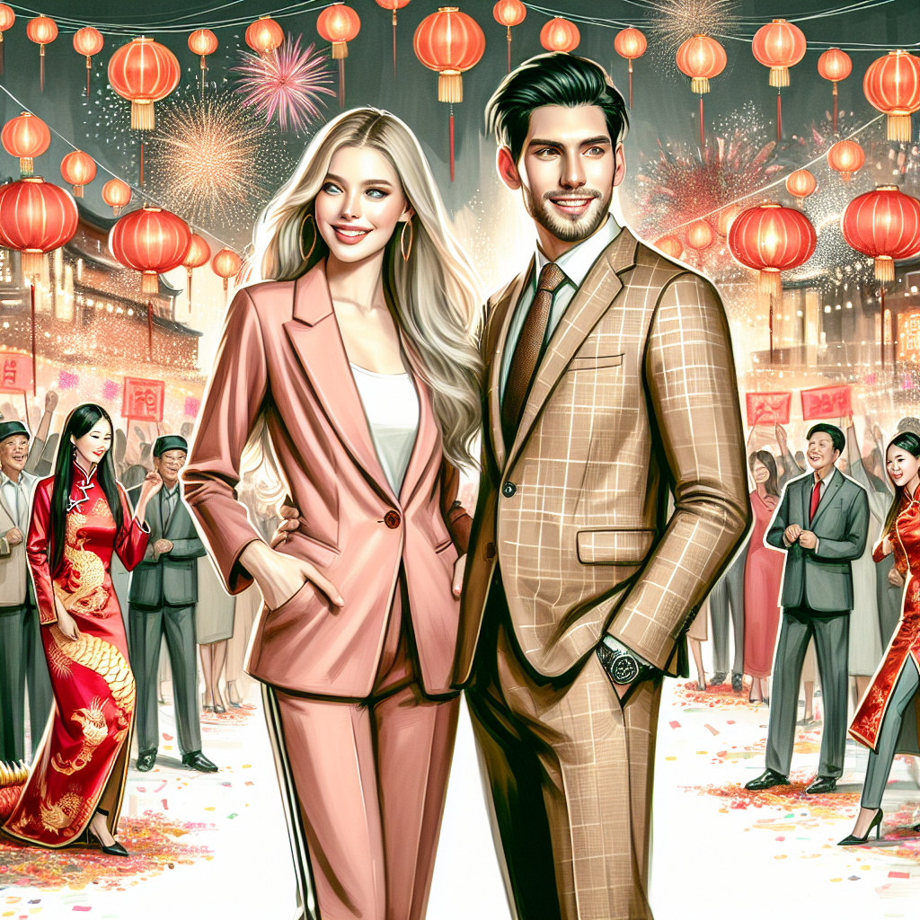 Stunning Outfits for Chinese New Year: Dress to Impress Visualize a vibrant and interesting scene of a fashion display for Chinese New Year. Make it lively by painting a variety of modern and traditional clothing that combine Western and Chinese styles elegantly. Show two people of distinct descent - one Caucasian woman and one Middle-Eastern man - stylishly dressed, soaking in the atmosphere of the Chinese New Year celebrations. They are standing happily amidst a backdrop of jubilant crowds, red lanterns, dragon dances, and fireworks that light up the night sky, symbolizing good luck and prosperity for the upcoming year.