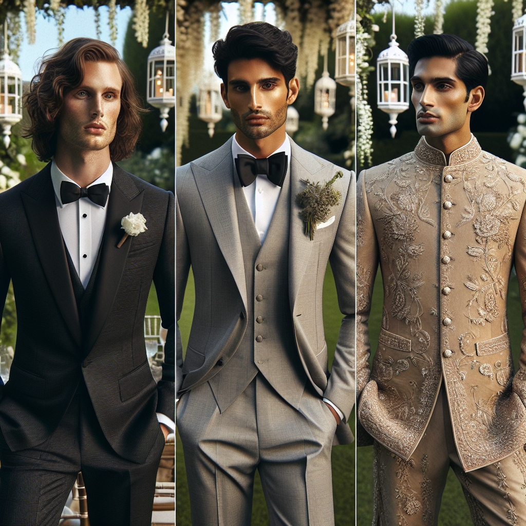 A visual feast showcasing an array of exquisite wedding attire for men exuding effortless elegance. Picture an outdoor wedding setting with three men ready for the occasion. One wearing a classic black tuxedo, Caucasian man with wavy brown hair. To his right, an Hispanic man in a three-piece light grey suit with a bold bow tie. To the left, a South Asian man in a customary Sherwani embellished with intricate embroidery. Each display an aesthetic of confident grace and timeless style, surrounded by impeccable decor of flowering vines and elegant white lanterns.