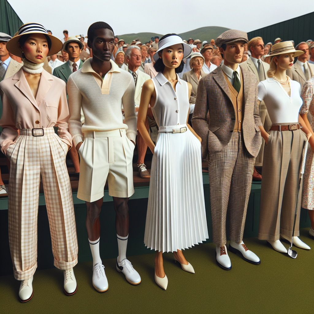 What to Wear to a Golf Tournament: Chic, Effortless Styles Imagine a scene at a traditional golf tournament. Focus on the fashion sense of the audience. Capture an array of individuals in chic and effortless outfits suitable for a day on the green. Picture a middle-aged Asian woman wearing a lightweight pastel-colored blazer paired with a pleated white skort. Imagine a young Black man in a sleek button-down shirt tucked neatly into tailored shorts, with a complementary visor. Visualize a Caucasian elderly man dressed in a vintage golf attire, checked trousers and a knit waistcoat. Finally, imagine a Hispanic woman sporting a floral sundress with a broad-brimmed hat.