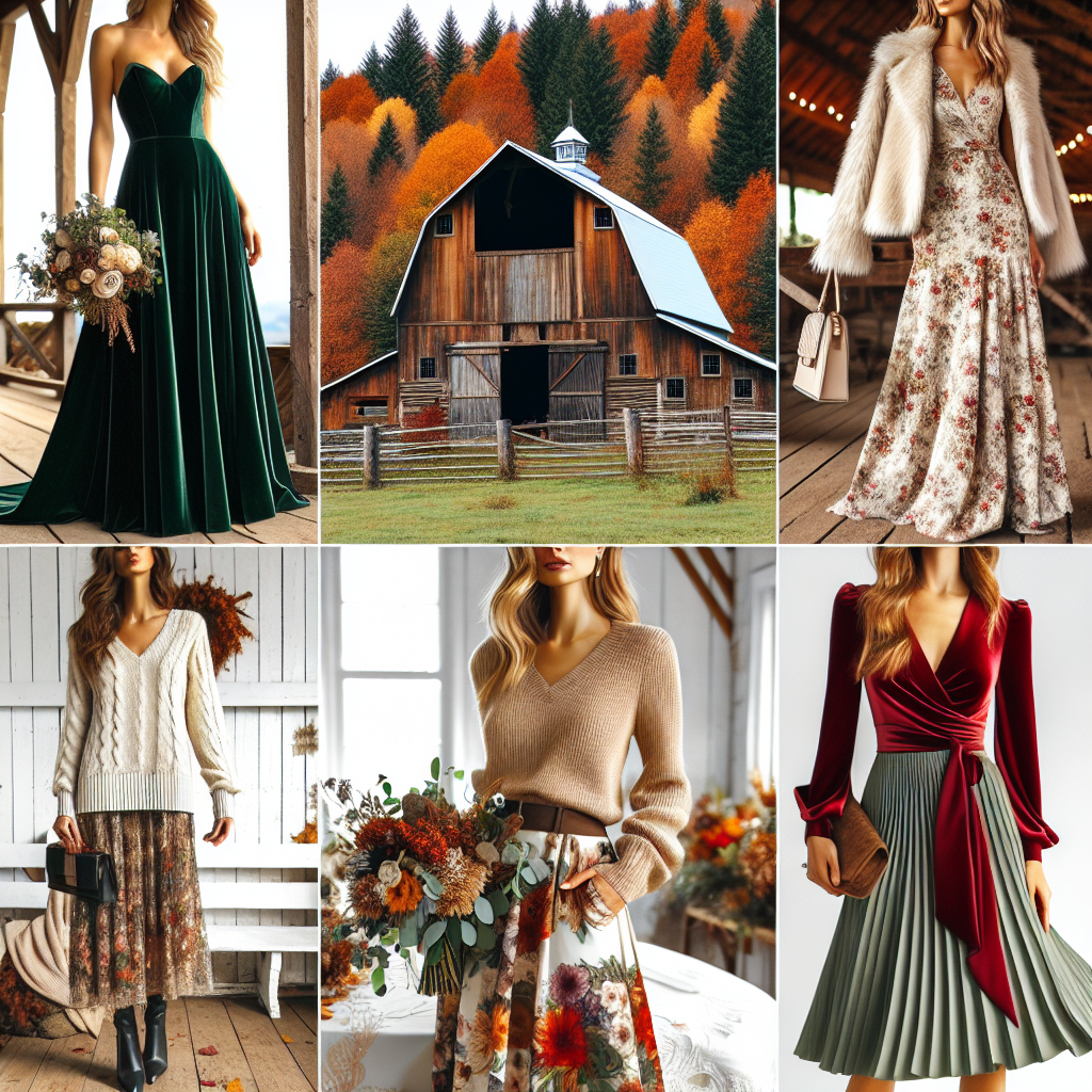 Stunning Fall Barn Wedding Outfits for Women Picture a picturesque fall wedding at a rustic barn. Amidst the changing leaves and crisp weather, imagine a variety of wedding outfits for women. The outfits are elegant and suitable for the casual rustic environment of a barn wedding, with chic elements that pay homage to the autumn season. From a long forest-green velvet dress, reflecting the pine trees surrounding the barn, to a beige cashmere sweater paired with a floral mid-length skirt, showcasing the vibrant colors of fall. Lastly, a classy female guest is seen in a ruby red wrap dress, accentuating the brilliant hues of fall. Each outfit is coupled with suitable accessories like scarves and boots, embracing the theme and weather conditions.