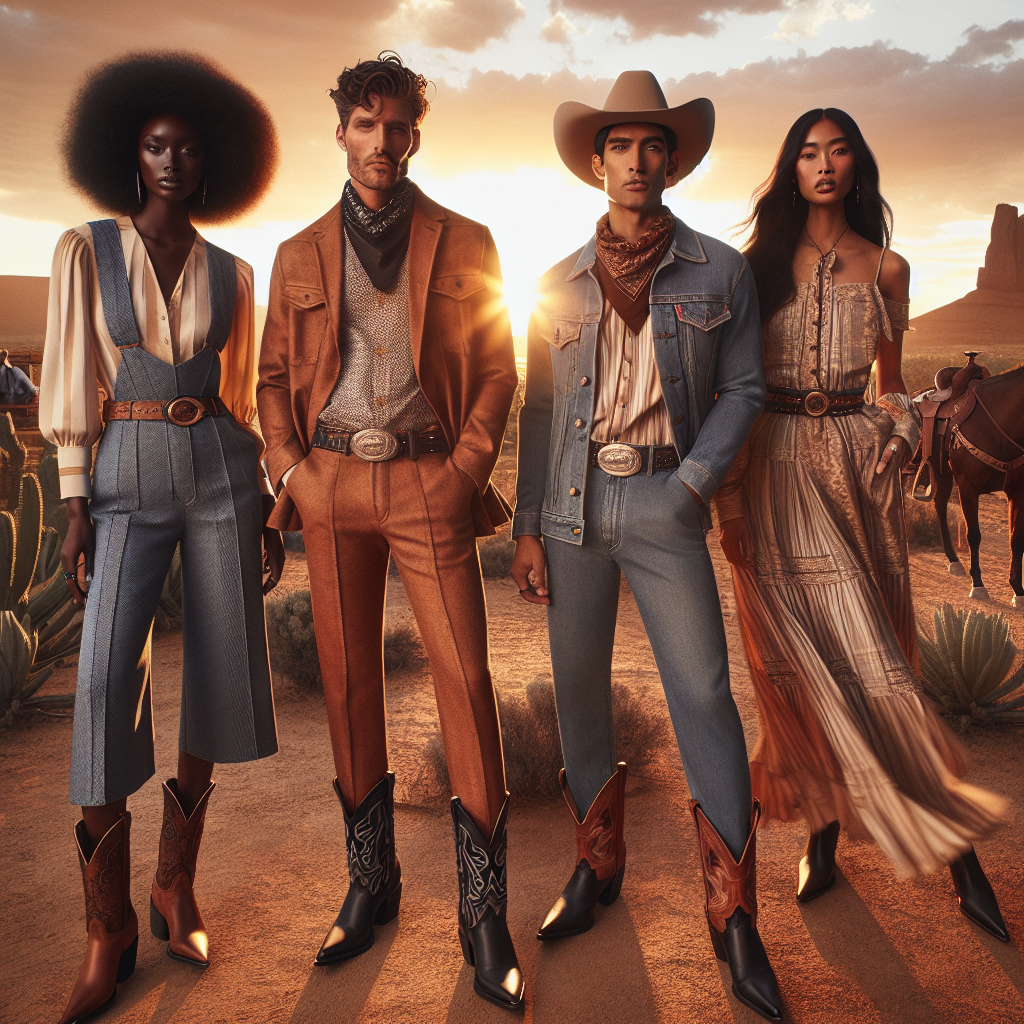 Must-Have Rodeo Outfits for Effortless Style An inclusive and multicultural fashion feature showcasing a range of must-have rodeo outfits for effortless style. This scene contains four people of different descents - a Black woman, a Hispanic man, a Caucasian man and a Middle-Eastern woman - each elegantly dressed in unique and stylish rodeo outfits with a serene desert background featuring a setting sun. Their attire should include key elements like leather boots, cowboy hats, denim jackets, and belt buckles. The image is characterized by the vibrancy of color pallets against the golden hues of sunset and the natural ruggedness of the surrounding environment.