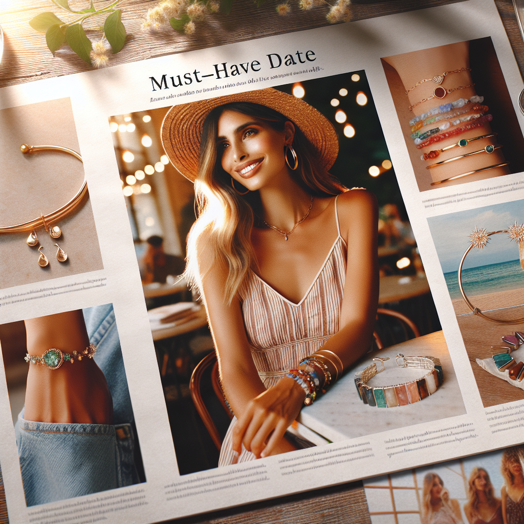 Must-Have Jewelry for Summer Dates: Effortless Style Imagine a fashionable article layout featuring must-have jewelry for summer dates. In the center, a lifestyle photograph showcases a woman of Middle Eastern descent with a radiant smile, wearing a chic sundress. Show off her style with a delicate gold anklet that catches the sunlight, a pair of dainty silver hoop earrings, and colorful, semi-precious stone bracelets stacked on her wrists. Around the central image, artfully arranged photos display close-ups of these must-have items, accompanied by descriptions of each piece. The backdrop subtly hints at a warm, summer date setting, perhaps a cozy café terrace adorned with twinkling fairy lights.