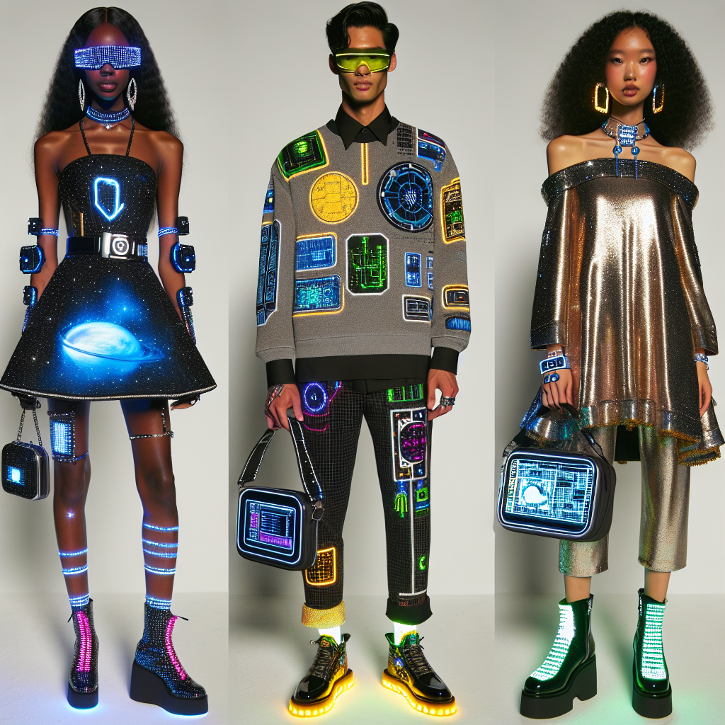 Dress Code Mastery: Stunning Outfits for Tech Concerts A themed ensemble for a technology-based music event, displaying an intricate balance between high fashion and geek chic. Three different individuals are included: a black woman wearing a space-themed mini dress complemented by LED-lit accessories, light up shoes, and modern jewelry with circuit board designs; a South Asian man styled in a cyberpunk aesthetic with futuristic clothing embodying neon accents, and a holographic messenger bag; and a Caucasian woman in a metallic sheen jumpsuit with a unique pattern of abstract code symbols, combined with digital touch screen gloves and boots that look like keyboard keys.