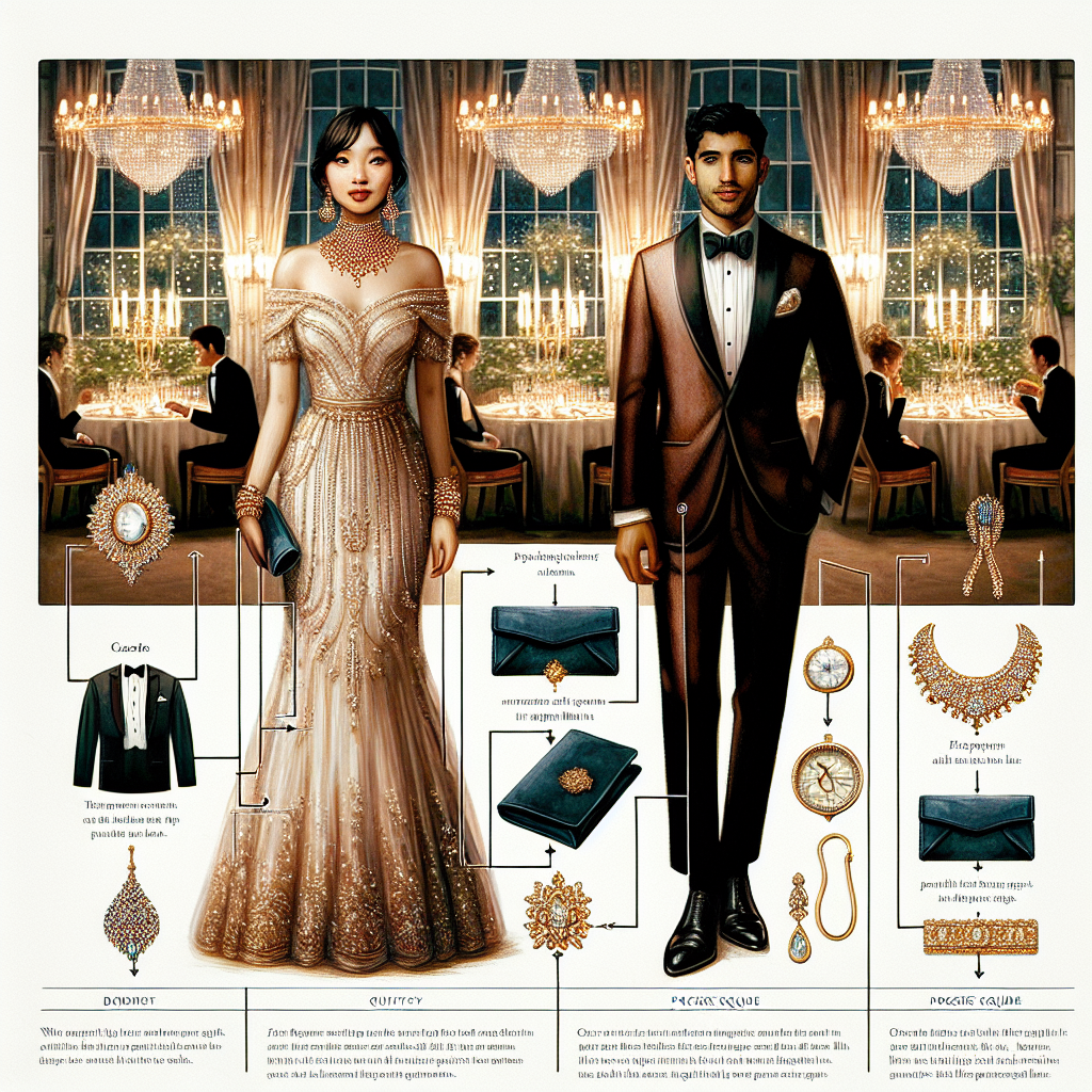 What to Wear to a Banquet: Effortless Elegance A visual guide on what to wear to a banquet, showcasing effortless elegance. The scene is a mock-up of a grand banquet hall illuminated with soft chandeliers hanging from the ceiling and tall glass windows draped with ornate curtains. A South Asian woman is shown in a resplendent, floor-length dress with intricate embellishments. She wears a matching clutch and opulent jewelry. Further away, a Hispanic man is pictured wearing a refined tuxedo with a perfectly folded pocket square, decking his suit with a unique brooch. Each accessory is highlighted with brief descriptions about their importance.
