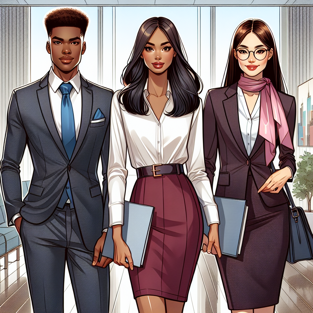 Stunning Interview Outfits: Dress for Success! Illustrate a professional environment where three individuals are confidently presenting themselves for an interview. The African American man in a well-fitted charcoal grey suit with a blue tie, the Hispanic woman elegantly dressed in a maroon pencil skirt and crisp white blouse, and an Asian woman in a navy blue pant-suit with a light pink scarf. They carry portfolios and display an enthusiastic demeanor. The background includes tasteful office decor, a well-lit, spacious room with floor-to-ceiling windows revealing a vibrant cityscape. Emphasize the high fashion and energetic aura.