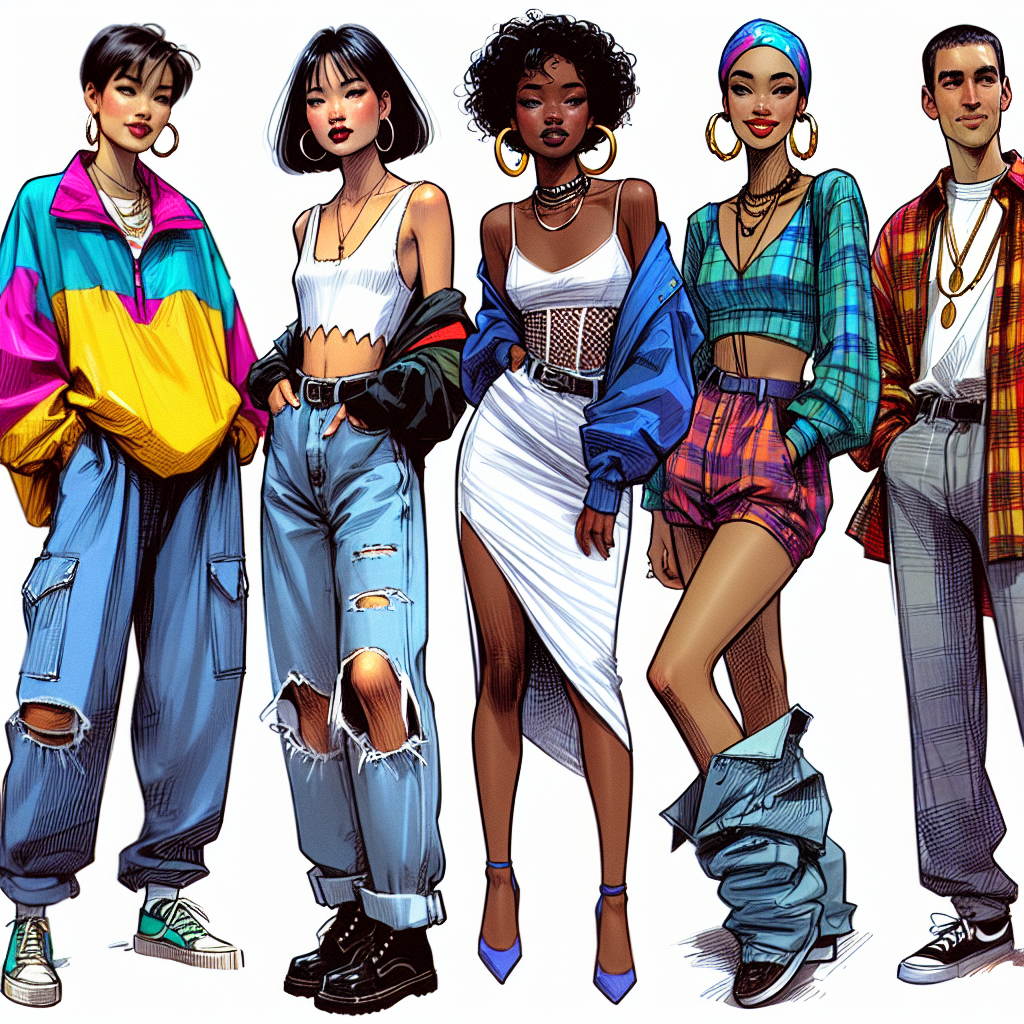 An enticing montage of fashion illustrations from the 90s showing variety in style. The montage should contain five different illustrations. The first illustration portrays a young black woman wearing a loose, brightly colored windbreaker over a crop top, complete with high-waisted ripped jeans and hoop earrings. The second shows a South Asian man sporting a grunge-inspired look, complete with a flannel shirt, faded jeans, and combat boots. The third features a Caucasian woman in a minimalist slip dress paired with strappy heels. The fourth picture spotlights a Middle-Eastern man in vibrant hip-hop inspired attire with baggy jeans, oversized t-shirt and a bandana. The final drawing presents a Hispanic woman rocking a chic denim-on-denim ensemble. Each illustration should clearly exude the effortless style of the 90s era.