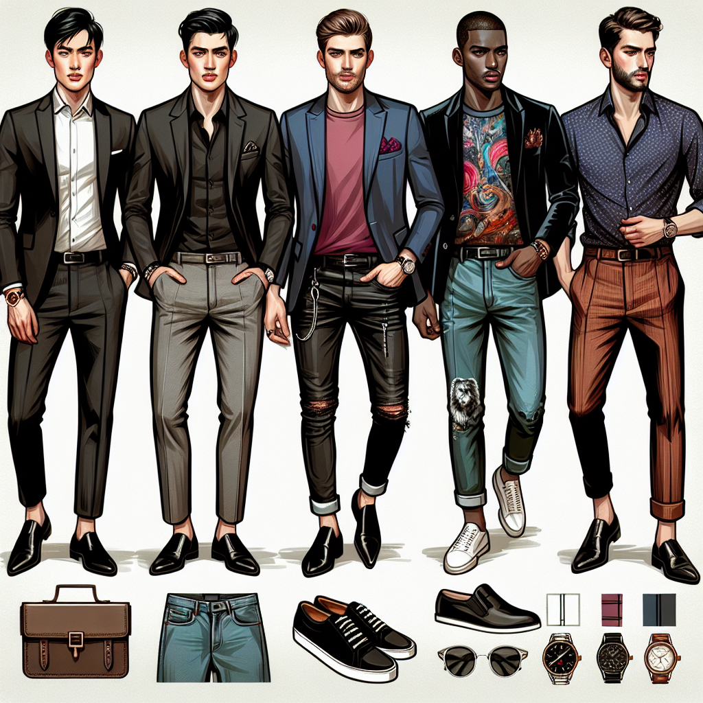 Club Night Style Guide: Exclusive Looks for Men Incorporate fashion elements to depict a style guide for men for a club night. Depict a mixture of attires suitable for different body types and personal styles. Feature an Asian man in a sleek black suit, a Caucasian man in a fancy casual outfit with a stylish jacket and denim, a Black man in a trendy t-shirt and leather pants, a Middle-Eastern man with a classy colorful shirt and chinos, and a Hispanic man with a smart velvet blazer and trousers. Include components like accessories, wristwatches, shoes, and hairstyle variations for a complete look.