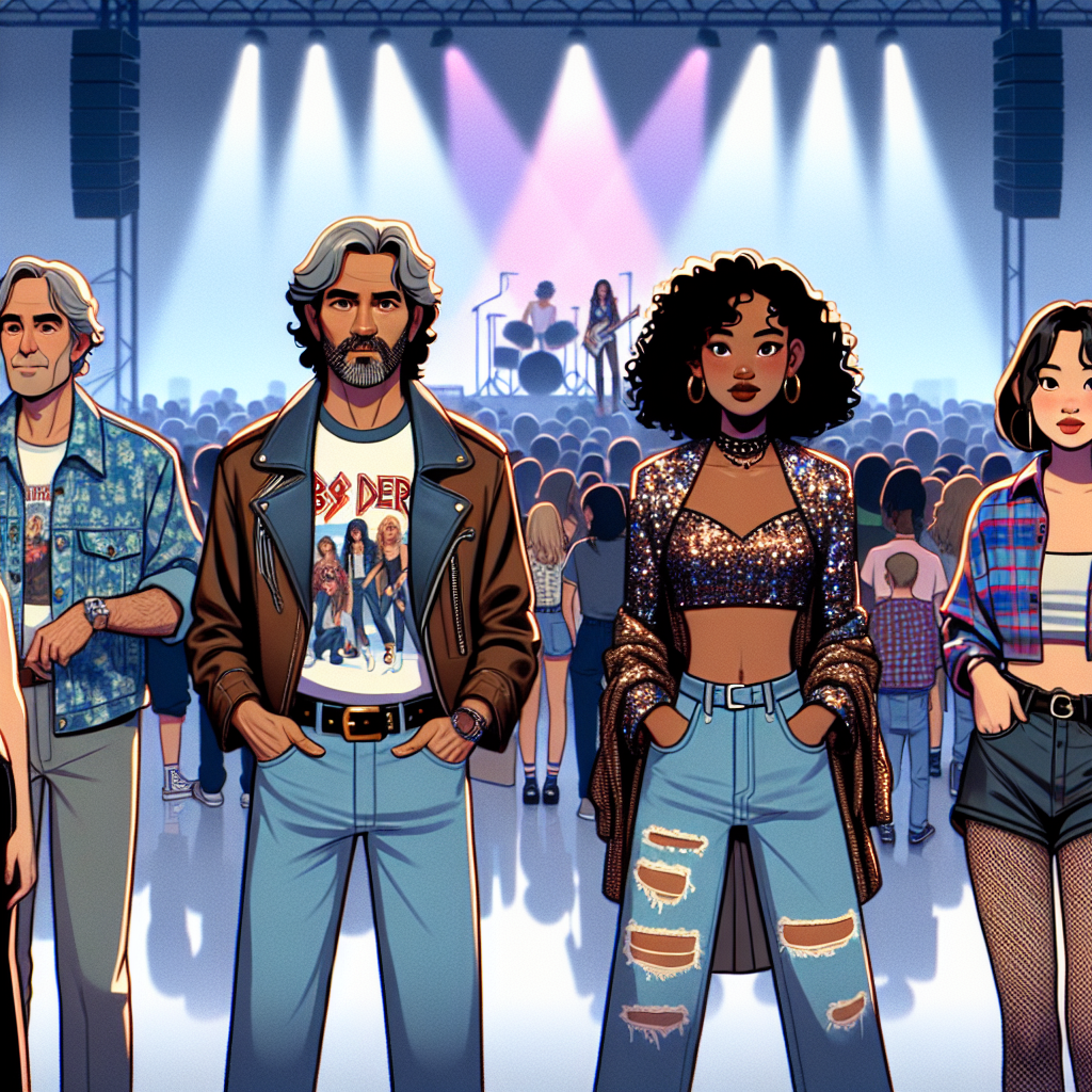 What to Wear to a Conan Gray Concert: Stunning Picks Visualize a fashion-forward scene at a pop music concert. The crowd is filled with a diverse representation of people, each one expressing their individuality. A middle-aged Hispanic gentleman in a retro band tee with a denim jacket slung over his shoulders, a young Black woman decked out in a sequined crop top with high-waisted leather pants, and a South Asian teenager with a casual yet chic flannel shirt paired with ripped jeans. The concert backdrop features a minimalist stage design, mood-lit in soft pastel colors, creating the perfect juxtaposition with the vibrant crowd.