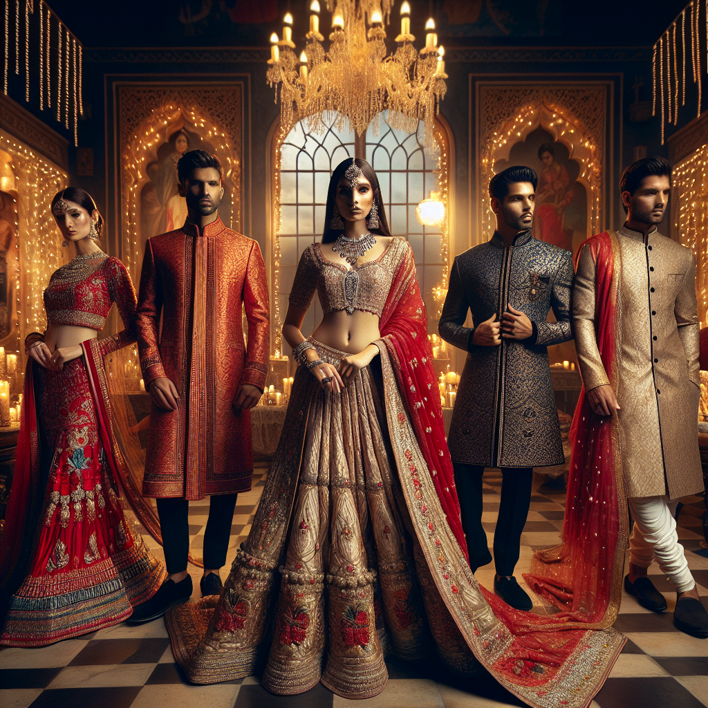 Imagine showing a various range of stunning outfits for the occasion of Diwali. Envision a series of models, each showcasing a different type of traditional attire. The first model, an Hispanic woman, is wearing a saree in vibrant hues of red and gold. The second model, a Black man, is gracefully donned in a Sherwani richly threaded with silver. The third model, a Middle-Eastern woman, shows off a lehenga adorned with elegant embroidery. The fourth model, a Caucasian man, is wearing a dhoti kurta that seems to capture the essence of effortless elegance. The backdrop is a beautifully decorated room filled with Diwali lights and decorations, underlying an air of grandeur. Emphasize the attention to detail in each outfit and the vivid colors that reflect the spirit of Diwali.