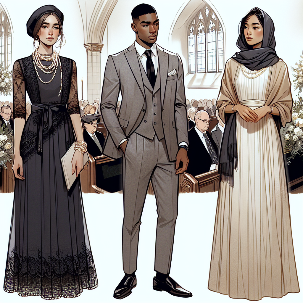 Dress Elegantly: Best Outfits for Church Memorials Illustrate a series of stylish and elegant outfits appropriate for church memorials. The scene should include three individuals in a tastefully decorated church setting. The first person, a Caucasian woman, is adorned in a black dress with lace detailing and pearls. The second person, a Black man, is wearing a tailored grey suit with a white shirt and black tie. The third person, a South Asian woman, is in a flowing beige dress with a matching head scarf. Each individual should be depicted with respect for the somber occasion, exuding grace and propriety.