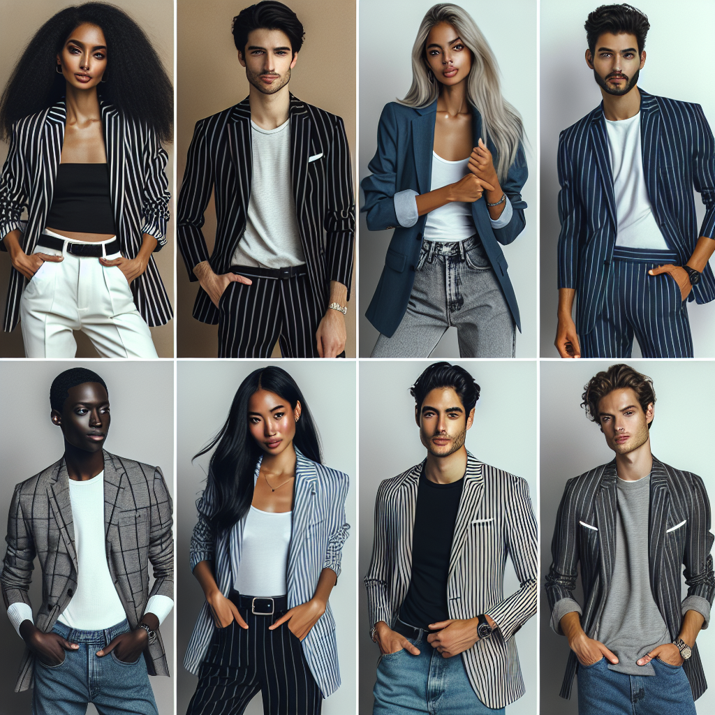 An engaging collage of various ethnically diverse men and women confidently sporting pinstripe blazers. Include choices that embody business casual, street style, and formalwear. Depict a South Asian woman pairing a black pinstripe blazer with white trousers, a Hispanic man matching a pinstripe blazer with jeans and a graphic tee for a trendy look, a Black woman in a blue pinstripe blazer with a professional skirt, and a Caucasian male in a grey pinstripe blazer with matching trousers for a business-savvy ensemble.