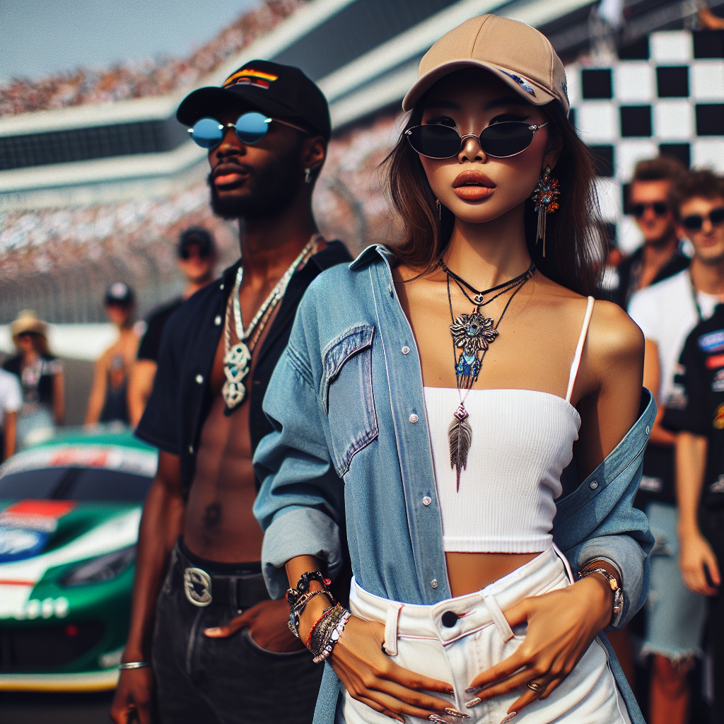 A dynamic and exciting scene at a NASCAR event. The chief focus should be on the audience members wearing their stunning outfits. One of these fans, an East Asian woman, models an effortless combo of a light denim shirt and white shorts, her accessories including a stylish sun cap and a unique pendant necklace. In contrast, there is an African man showing off his rugged look in a dark denim shirt, black jeans, and sunglasses. Add a glimpse of racing cars in the background to finish off this captivating composition.