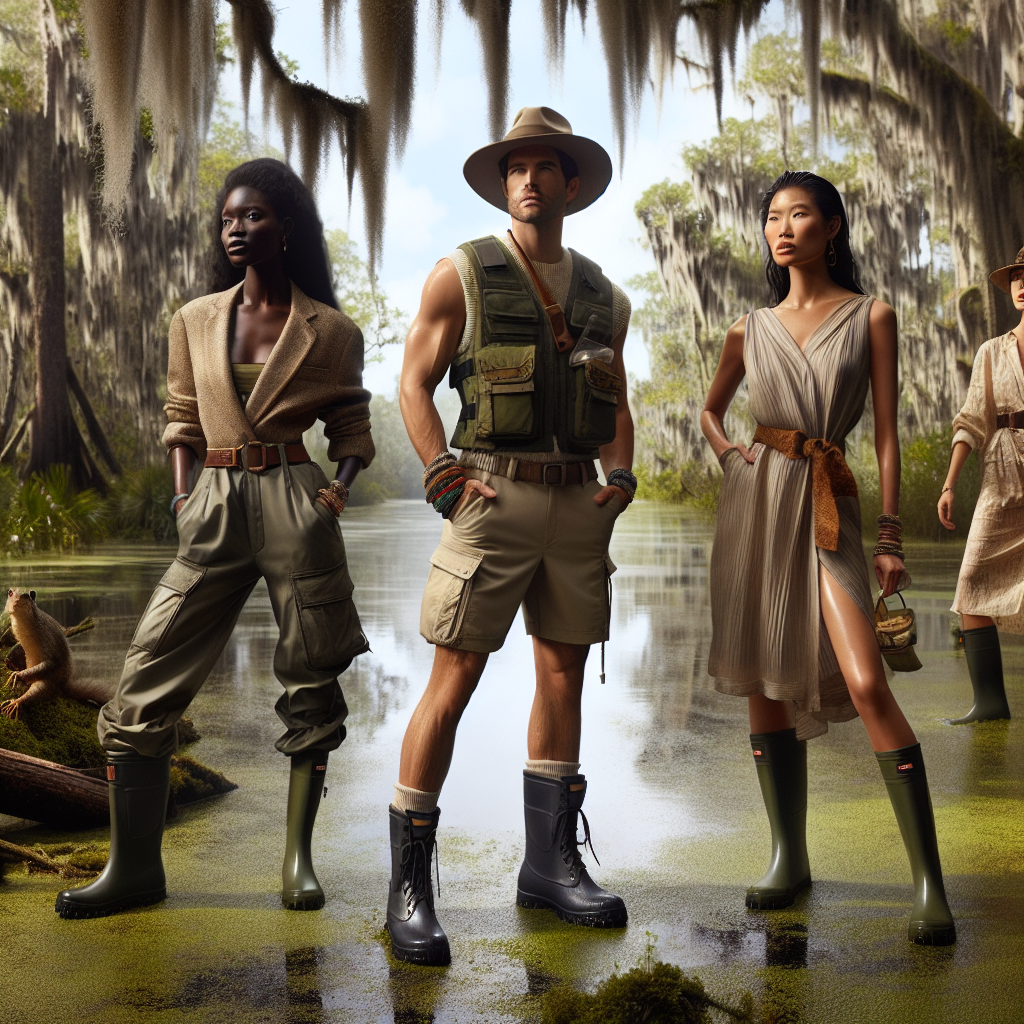 Stunning Outfits for Swamp Tours: Effortlessly Stylish Imagine an outdoor scene in a swampy environment, replete with moss-laden trees, murky waters and vibrant wildlife. In the scene, there are three individuals of different descents: An African lady, a Hispanic man, and a South Asian woman. They are all dressed in chic yet practical outfits perfectly suited for swamp tours. The African lady is wearing water-resistant cargo pants and a breathable, quick-dry top hat. The Hispanic man is styled in a sleeveless vest and rugged shorts with waterproof boots. The South Asian woman dons a lightweight, earth-toned dress paired with tall rubber boots. Their fashion sense while tackling the adventurous swamp environment exudes effortless style.