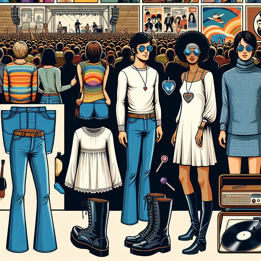 What to Wear to a Beatles Concert: Chic & Timeless Tips Generate an image highlighting retro-style concert attire suitable for a popular 60s band's event. Depict suitable pieces of clothing, such as a pair of blue flared jeans, a white tunic, Lennon-style round sunglasses, a heart-shaped pendant, and black knee-high boots. Illustrate a mix of enthusiastic concert-goers of Black, South Asian, and Hispanic descent, both men and women, wearing these clothes while enjoying the vibrant music atmosphere. Also, envision a backdrop of colorful vintage concert posters and perhaps a vinyl record player in a corner taking us back to the 60s era.