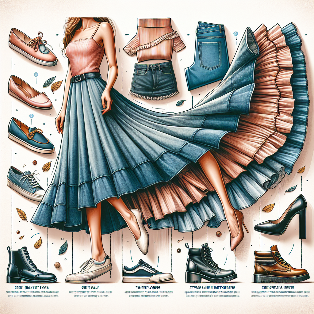 Find the Perfect Shoes for Long Jean Skirts: Stylish & Effortless An image showing a diverse selection of fashionable shoes ideal for complementing long jean skirts. The footwear ranges from chic ballet flats, trendy loafers, and stylish ankle boots to comfortable sneakers. The shoes are showcased separately with an adjacent folded long jean skirt, emphasizing their perfect pairing. In each shoe display, there is a small paragraph highlighting the shoe's unique features and fashion compatibility with the jean skirt. The setting is a blend of modern and vintage styles, denoting the flexibility and versatility of the fashion tips.