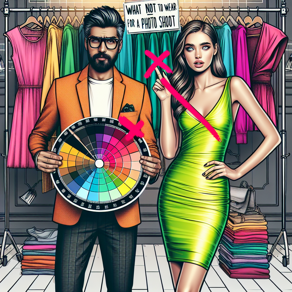 What Not to Wear for a Photo Shoot: Essential Tips Visualize a trendy fashion guide cover featuring a South Asian male stylist with a color wheel in hand, highlighting the colors that are ideal for photo shoots, contrasted by a Caucasian female model wearing a glaring neon dress that is identified as a faux pas. The stylist is in a chic outfit, glasses perched on his head, pointing at the color wheel, while the model looks surprised. The backdrop includes racks of diverse clothing options, with a large red cross over the neon dress. Text overlay above them reads 'What Not to Wear for a Photo Shoot: Essential Tips'.