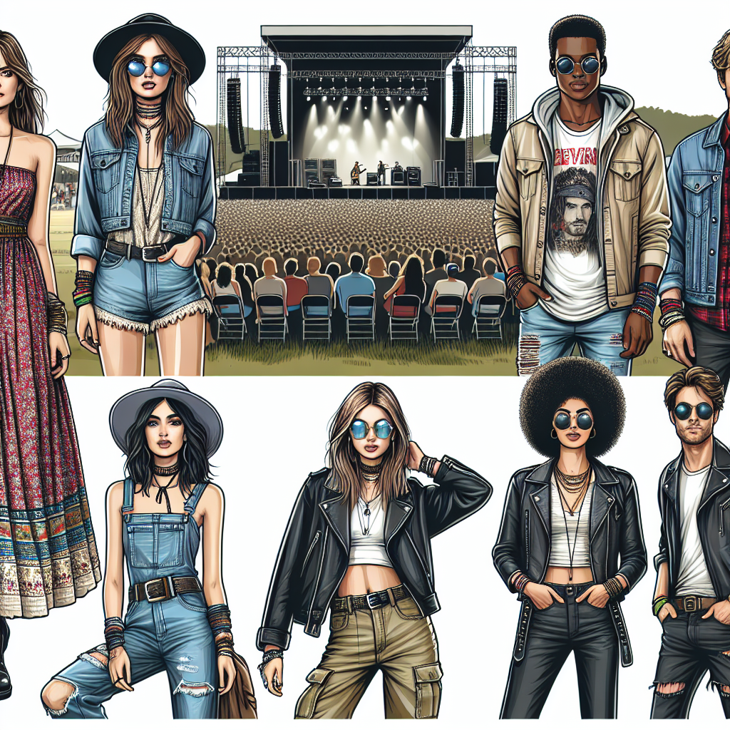 Effortless Outfits for Outside Concerts: Must-Have Looks Generate an image showcasing a variety of stylish yet comfortable outfits perfect for outside concerts. Include a Caucasian woman in a boho chic maxi dress, a black man in cool casual wear with a denim jacket and khaki pants, a South Asian woman in a rock-inspired look with a band t-shirt and ripped jeans, and a Middle-Eastern man in a trendy outfit with a leather jacket and black jeans. Vector design with all the characters standing in an open-air music festival setting, complete with stage and lighting in the background