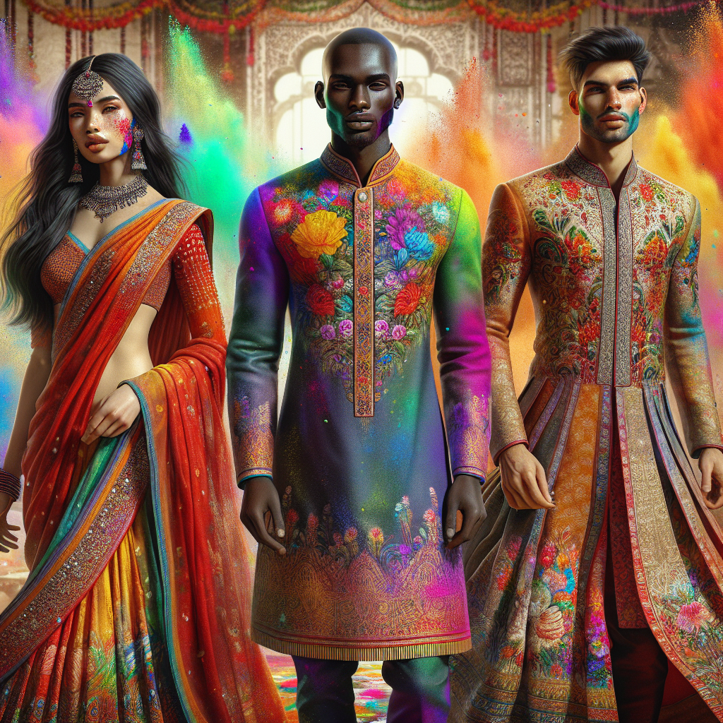 A rendering of three individuals wearing stunning, traditional Indian attire for the Holi Festival. The first individual, a South Asian woman, confidently dons a vibrant saree with rich, ornate patterns. The second, a Black man, is garbed in a stylish, brightly hued kurta with intricate embroidery. Finally, a Middle-Eastern non-binary person appears in a captivating lehenga, its colors resonating with the joyous spirit of the festival. All around them, the air is filled with colorful powders, creating a breathtakingly vivid tableau that embodies the energetic essence of Holi.