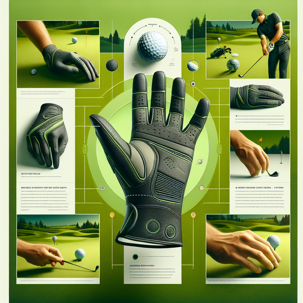 An educational guide focusing on a high-quality golf glove, capturing its stunning features from various angles. Display the golf glove against the backdrop of a lime green golf course: stitching details, grip patterns, and the interplay of shadow and light on its texture. To illustrate the glove's performance, include a hand demonstrating optimal swing posture. The hand should be of a Black male golfer. Provide an inset of a close-up view of the glove's tip, emphasizing finger flexibility and comfort. Small text bubbles highlight the glove's unique features and fitting tips.