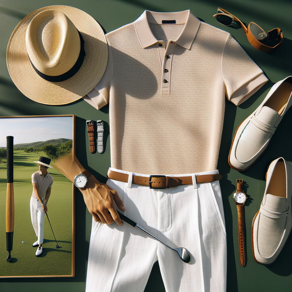 Country Club Chic: Discover Your Must-Have Outfit Create an image that showcases a fashionable outfit perfect for a country club setting. The outfit should include a lightweight, pastel-colored polo shirt, paired with crisp white linen pants. To accessorize, also include a straw Panama hat, a pair of classic leather loafers, and a timeless wristwatch. The person showcasing the outfit should be an East Asian male enjoying a round of golf in the sunny, greenscape of the country club.