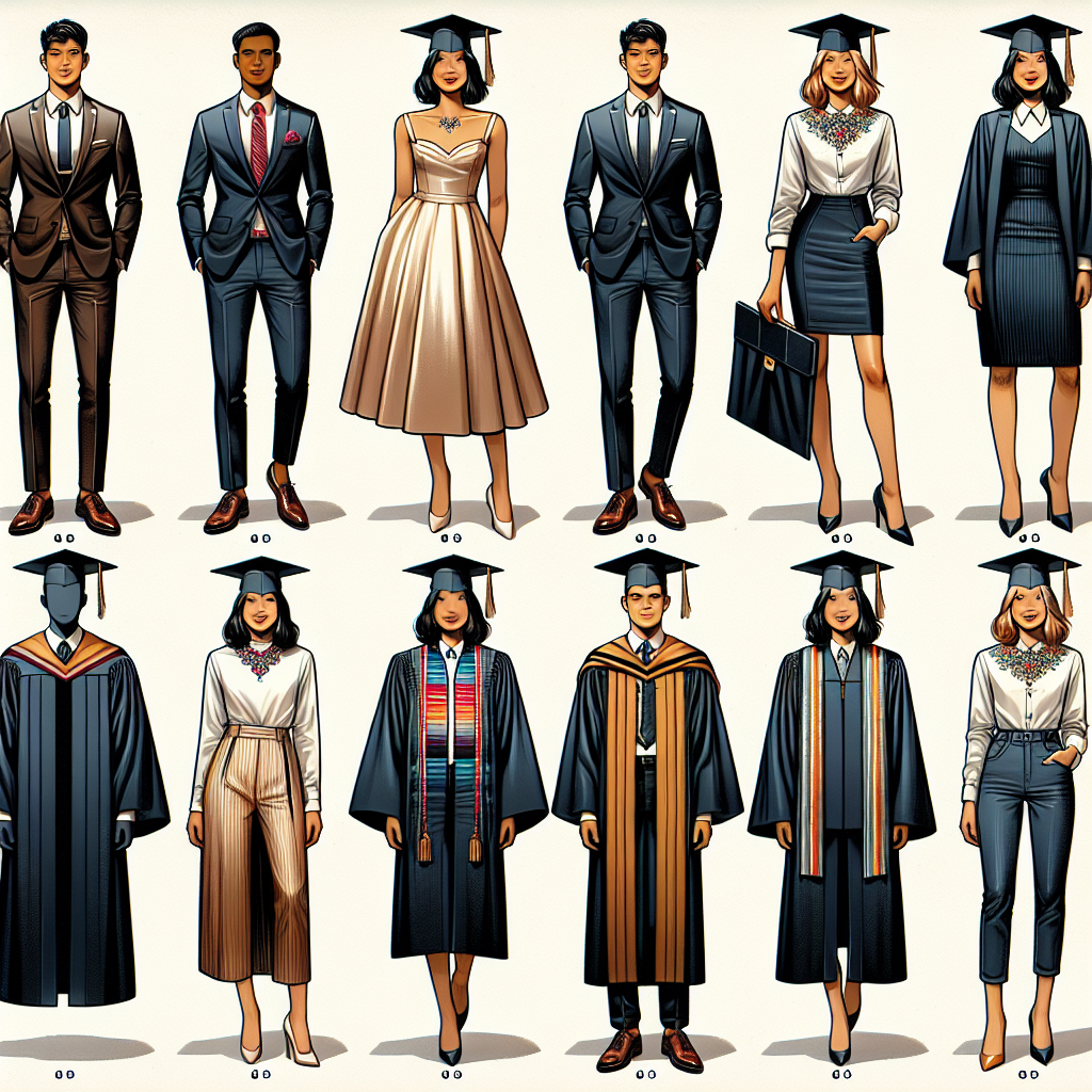 Graduation Outfits Guide: Stunning & Effortless Choices A comprehensive visual guide for graduation outfits. The guide showcases a diversity of options suited for various tastes and styles. For instance, one section presents a young man of Hispanic descent, smartly dressed in a crisp, dark suit, a crisp white shirt, and a vibrant, striped necktie, topped off with a graduation cap. Another section focuses on a South Asian woman in a sleek, knee-length dress with a jeweled neckline, complemented with a graduating gown and cap. The final section has a Caucasian woman, showcasing a structured blazer and tailored trousers, adeptly paired with a traditional graduation gown and cap.