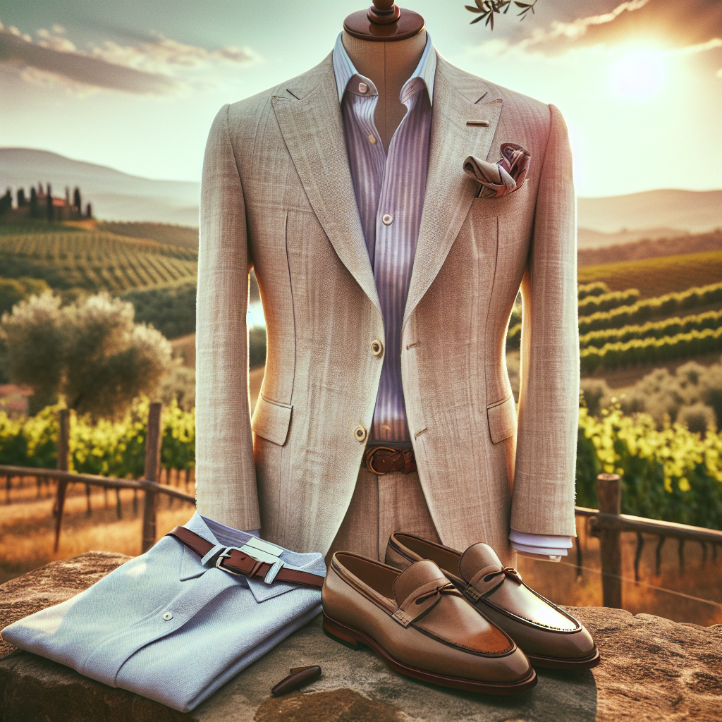 Must-Have Men’s Attire for a Tuscany Wedding in May A stylish ensemble suitable for a man attending a wedding in Tuscany, Italy, in the month of May. Capture the elegance and flair of Italian fashion with a light-coloured linen suit, paired with a pastel dress shirt. The suit should have matching trousers and a blazer. Complete the look with a tasteful pocket square, brown leather loafers, and a woven leather belt. Let the background suggest the setting: a scenic Tuscan landscape characterized by rolling hills, olive groves, and vineyards under a bright, springtime sun.