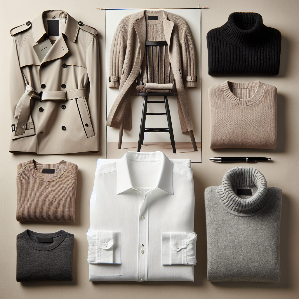 Imagine a fashion-focused layout showcasing essential layers for under a trench coat: a white cotton button-down shirt worn by a South Asian man; a cozy taupe cashmere sweater draped over a chair, suggesting it belongs to a Hispanic woman; a black thermal undershirt worn by a Middle-Eastern woman; a grey merino wool turtleneck worn by a Caucasian man. All items are tastefully arranged according to their importance in layering. The trench coat itself, a classic beige color, is staged in the background, slightly out of focus to highlight the layers underneath.