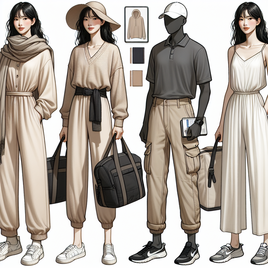 Stunning Outfits for Long Flights: Comfort & Style Unite Visualize a selection of stunning and comfortable outfits designed for long flights. The first outfit can be a soft, casual jumpsuit worn by an Asian woman, accessorized with a neutral-toned scarf and comfortable slip-on shoes. The second outfit shows a Black man in cozy cargo pants and a lightweight polo shirt, complemented with a sporty cap and sneakers. Lastly, imagine a Middle-Eastern woman clothed in a relaxed maxi dress paired with a light cardigan and ballet flats, holding a good-sized, stylish tote bag.