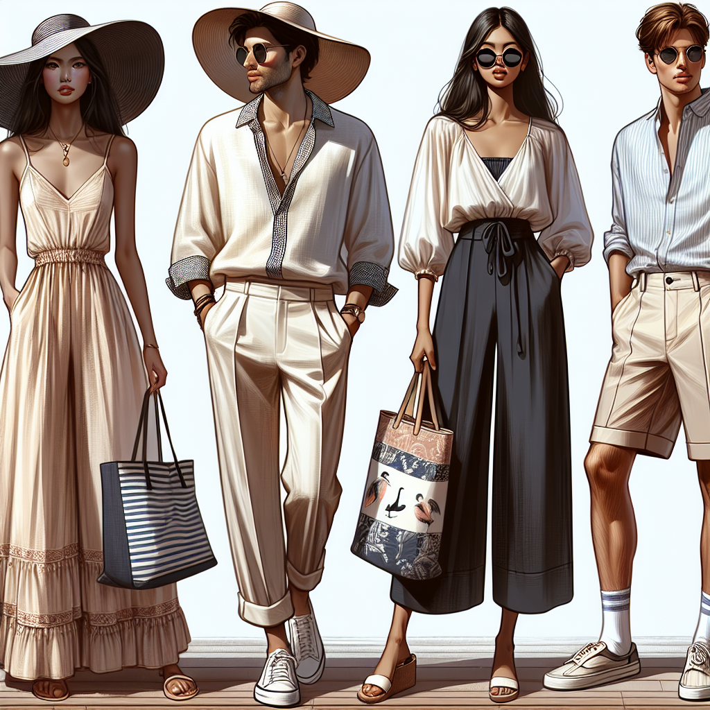 Imagine a set of stylish and chic outfits ideal for a European cruise. In the first scene, an Asian woman is wearing a casual yet sophisticated sundress, paired with a floppy sunhat and comfortable sandals. Beside her, a Middle-Eastern man is dressed in lightweight trousers and a nautical themed shirt. In the next scene, a Black woman is seen in a breezy palazzo pants and silk camisole, accessorizing her outfit with oversized sunglasses and a patterned tote. Standing next to her, a Caucasian man is wearing a crisp linen shirt with tailored shorts and boat shoes. All these ensembles capture the effortlessly chic vibe of European cruises.