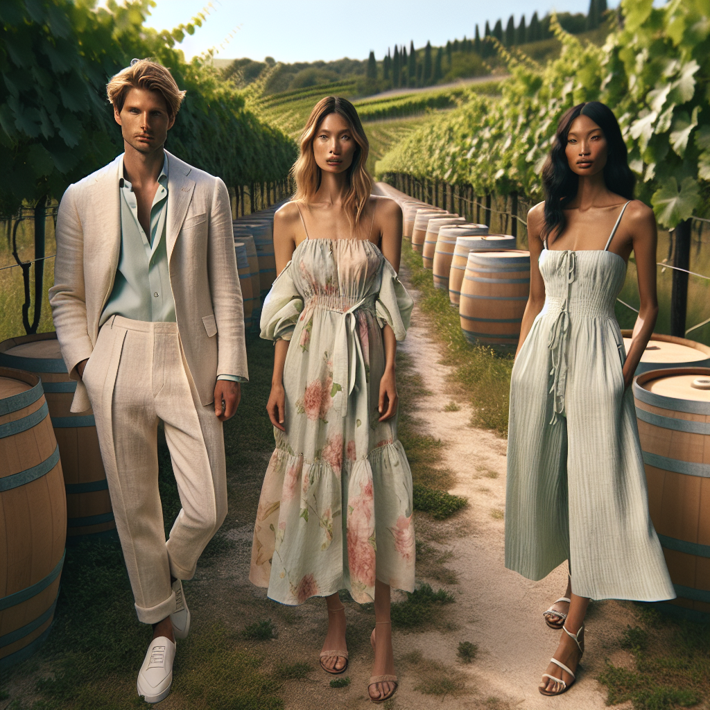 Generate an image that depicts a variety of fashionable spring winery outfits. The scene should include three individuals of different descents: a Caucasian man, a Hispanic woman, and a Black woman. They are dressed in elegant, effortless styles suitable for a warm Spring day at a vineyard. The man is wearing a light, breathable linen suit with a pastel shirt. The first woman is sporting a flowy sundress in floral prints, while the other is in a chic jumpsuit of a spring pastel color. Lush grapevines and rows of wine barrels form their background.