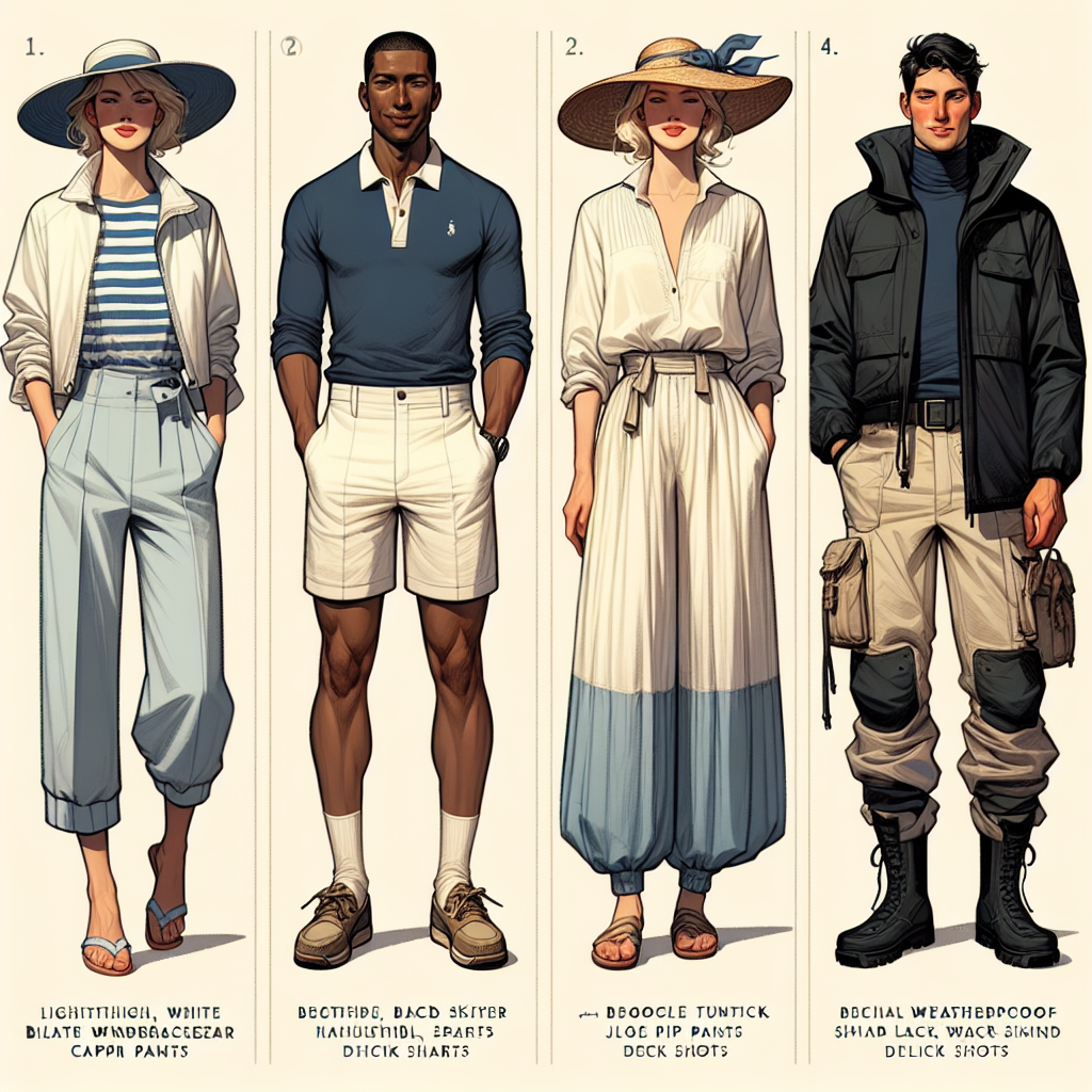 Visualize an assortment of stunning outfits for a day of sailing. Imagine four distinct ensembles suitable for different weather conditions and personal styles: 1. A chic yet practical outfit featuring a lightweight, white windbreaker, blue capri pants, and nautical stripes for a typical Caucasian woman. 2. An ensemble for an adventurous Black man, involving a preppy navy blue polo, khaki shorts, deck shoes, and a fun sailor's cap. 3. For a South-Asian woman, a breathable outfit with pastel-colored, loose tunic, wide-legged pants and a stylish sunhat. 4. A robust outfit including black weatherproof jacket, grey cargo pants and waterproof boots for a Middle-Eastern man geared towards sailing in less ideal conditions.