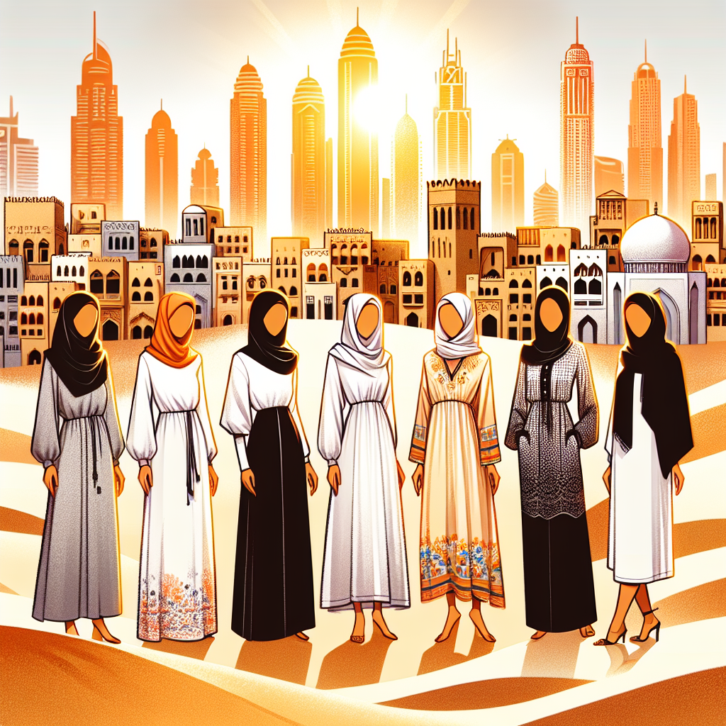 Must-Have Dubai Styles for Women Tourists Illustrate the appropriate fashion for women tourists in Dubai. Show diverse depictions of women from a variety of descents such as Hispanic, Black, Middle-Eastern, South Asian, and White. Ideally, they should be wearing loose, breathable clothing that covers the shoulders and knees, which includes the traditional abaya, kaftan-style dresses, soft wide-leg pants, and elegant tunics. In the foreground, incorporate a diversity of sand and cityscape background depicting Dubai's iconic buildings like Burj Khalifa and the historic wind towers of Bastakia Quarter. All illustrated under the broad, golden Dubai sun.