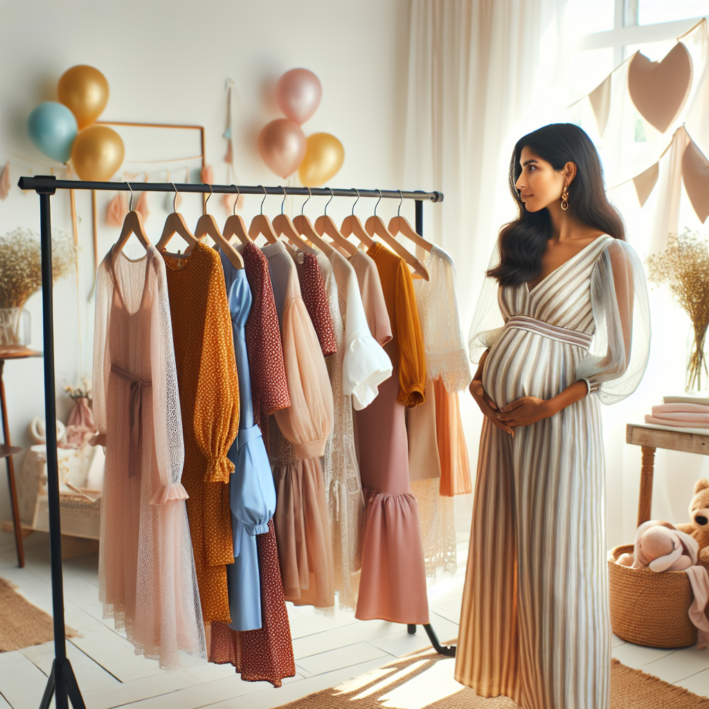 Must-Have Baby Shower Attire: Find Your Perfect Fit Envision an array of baby shower attire options hanging on a clothing rack in a light-filled, chic boutique. Dresses, jumpsuits, and blouses in a variety of colors and sizes all representing a range of cultures, showing the beauty of diversity. In the foreground, two women, one South Asian and pregnant wearing a maternity dress, the other Hispanic and helping her friend to pick an outfit. The vibe is festive and warm, with pastel balloons and baby-themed decorations subtly present in the background to set the perfect baby shower spirit.