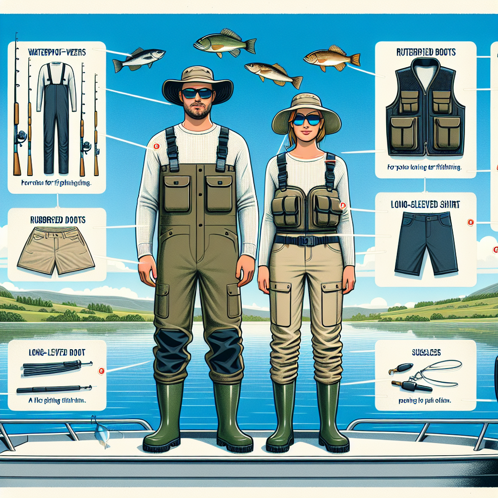 What to Wear on a Fishing Boat: Effortless Guide An informative diagram showcasing clothing for fishing trips. At the center, a Caucasian man and a Hispanic woman, both decked out in ideal fishing attire: waterproof overalls, rubberized boots, a vest with numerous pockets, a brimmed hat for sun protection, long-sleeved shirts and sunglasses. Around them are captions point to each item of clothing with a brief explanation of its use. Set the background as a serene fishing boat environment with still water and clear blue skies. Include a couple of fishing rod showing it's an actual fishing scene.